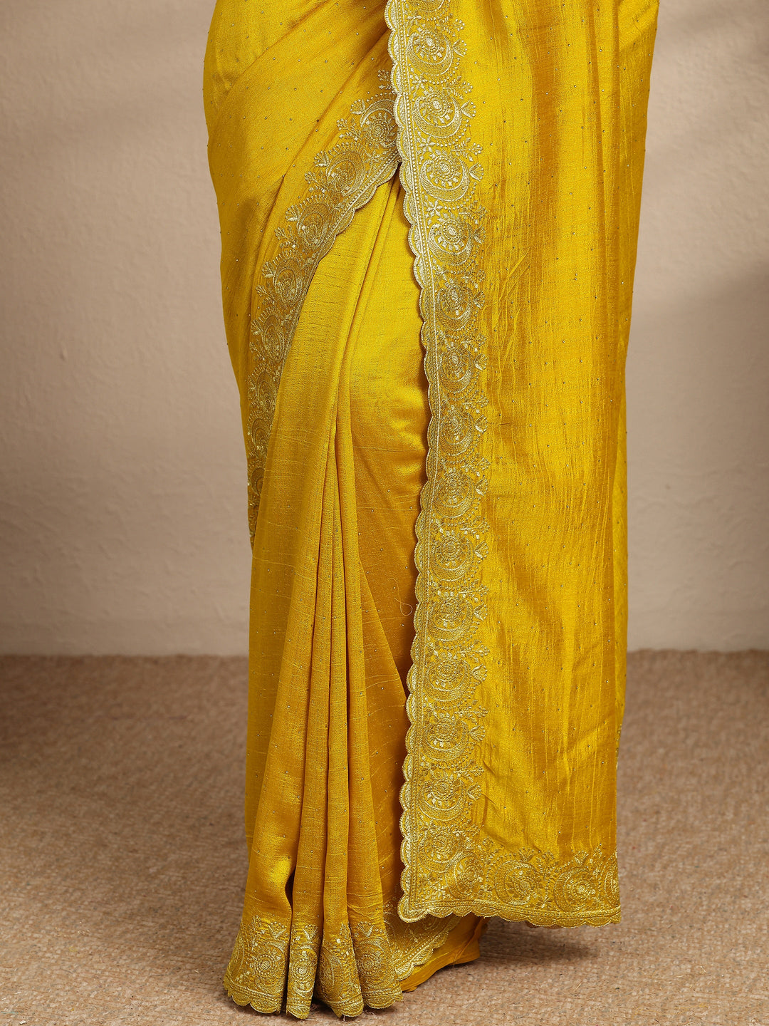  Mustard Embellished Silk Blend Saree With Unstitched Blouse Piece 