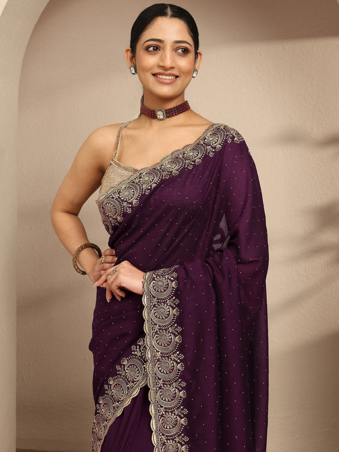  Burgundy Embellished Silk Blend Saree With Unstitched Blouse Piece 