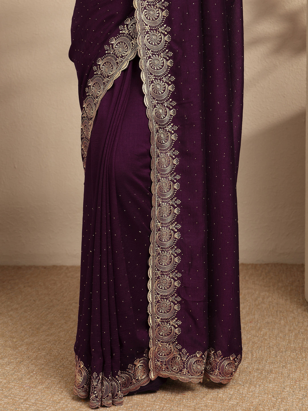  Burgundy Embellished Silk Blend Saree With Unstitched Blouse Piece 