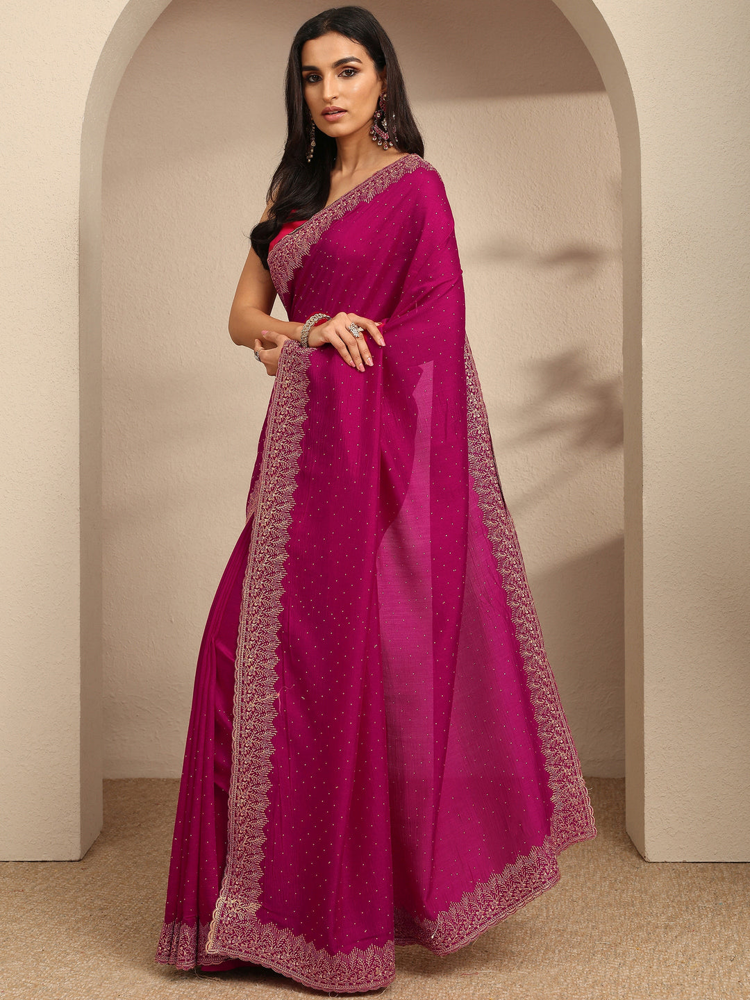  Pink Embellished Silk Blend Saree With Unstitched Blouse Piece 