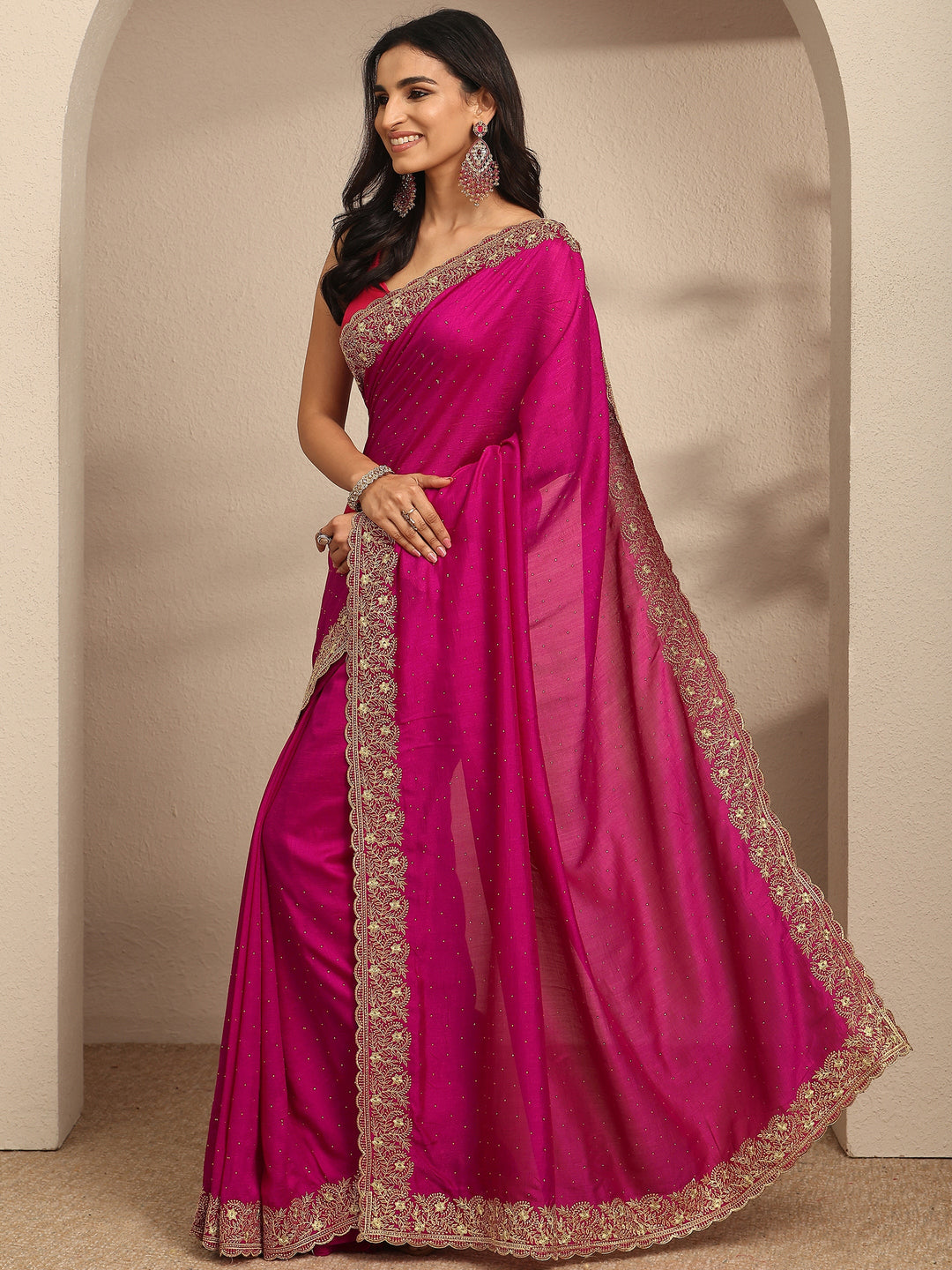  Pink Embellished Silk Blend Saree With Unstitched Blouse Piece 