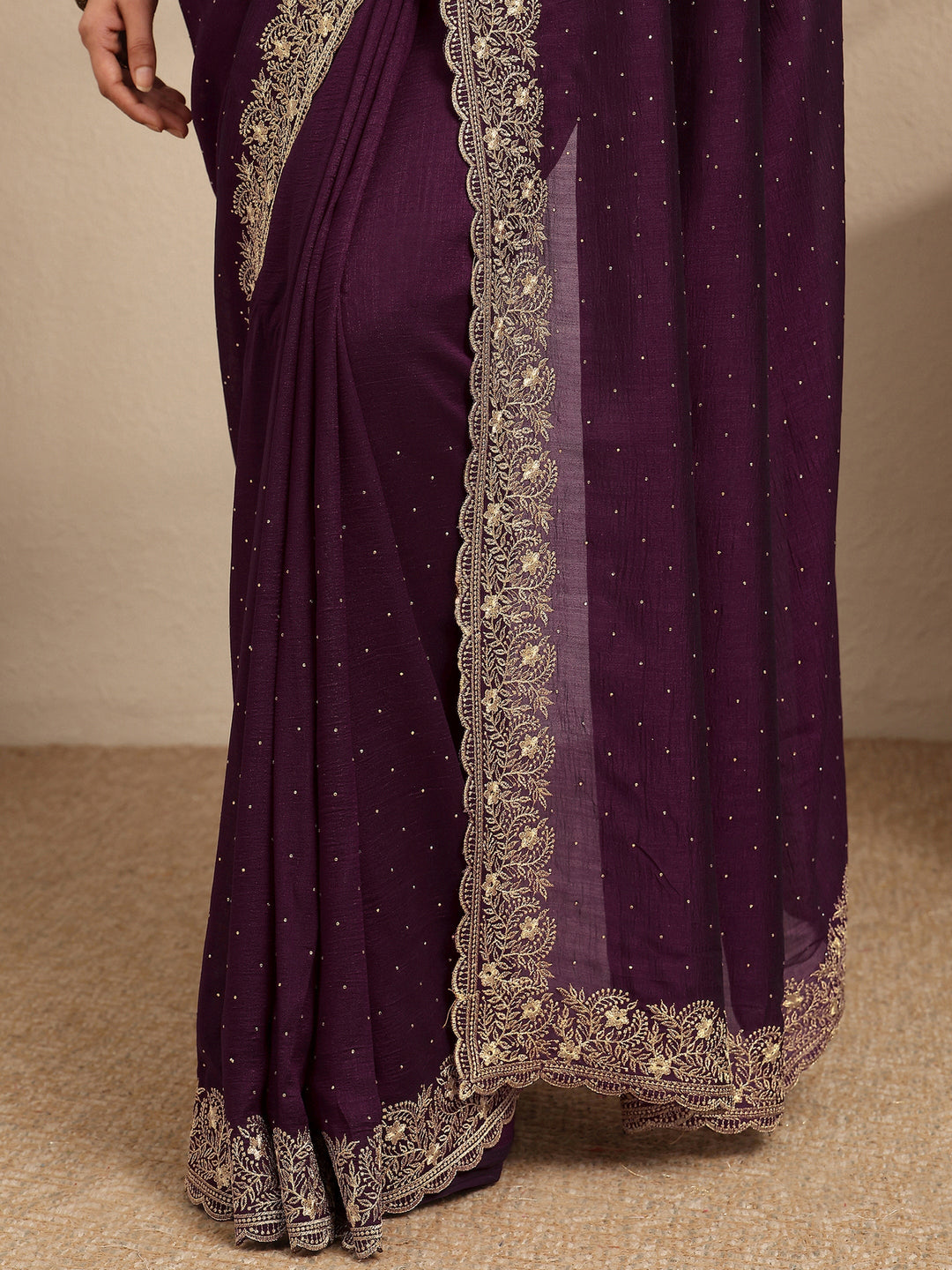  Burgundy Embellished Silk Blend Saree With Unstitched Blouse Piece 