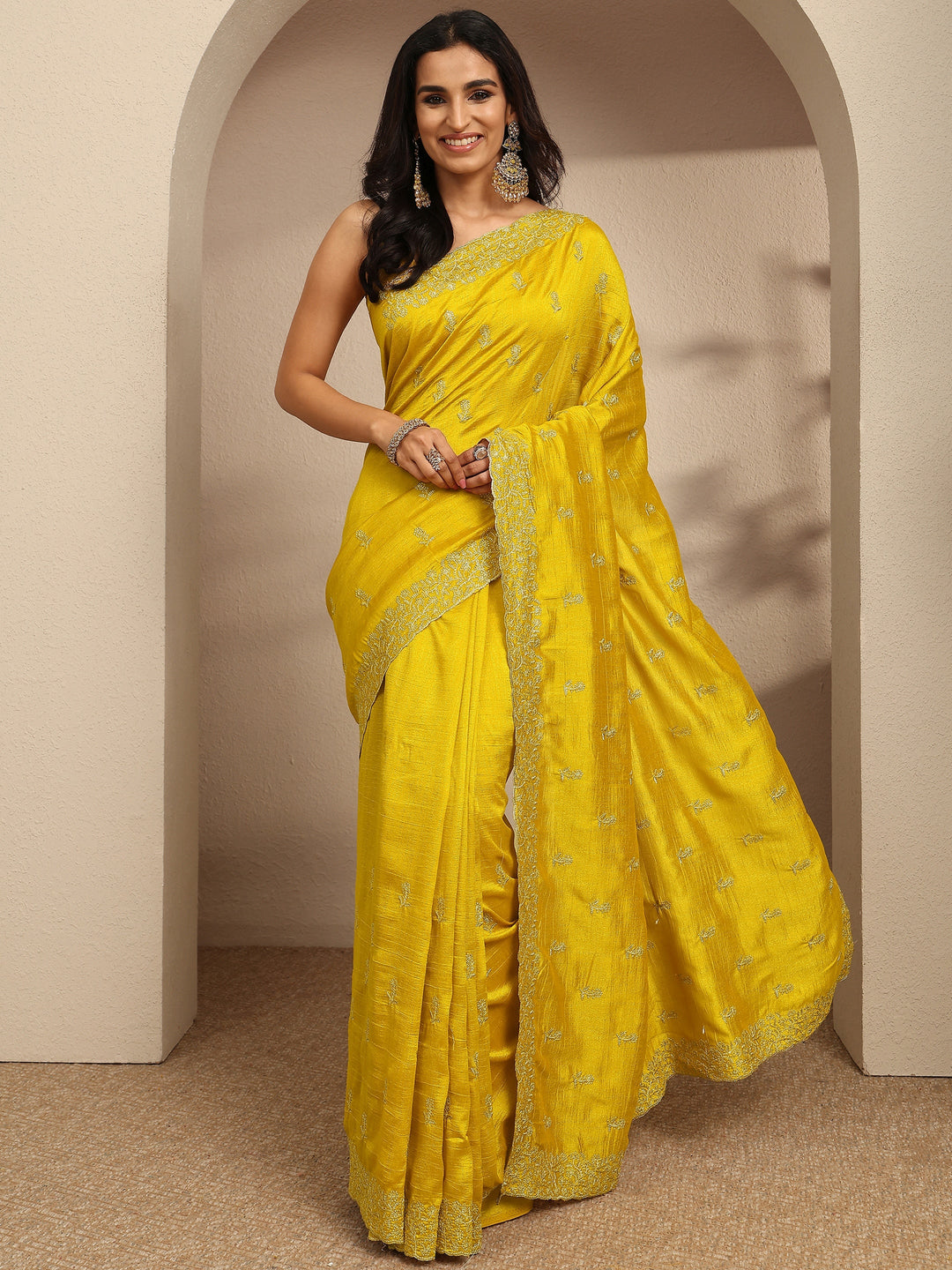  Mustard Embellished Silk Blend Saree With Unstitched Blouse Piece 