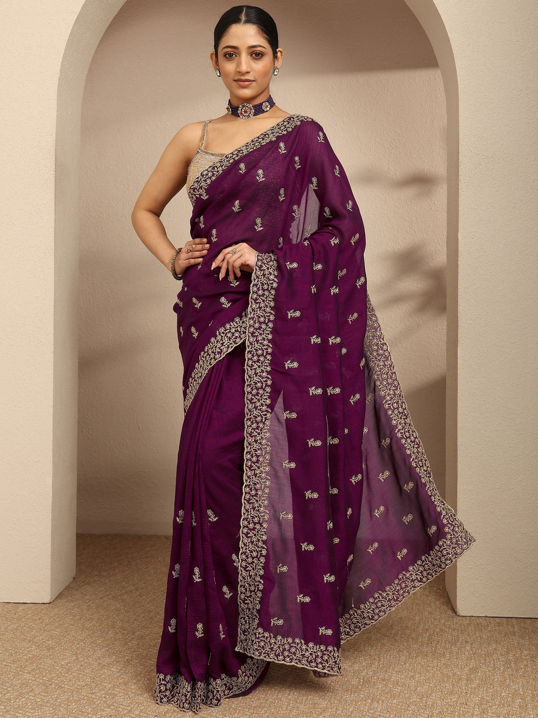  Burgundy Embellished Silk Blend Saree With Unstitched Blouse Piece 