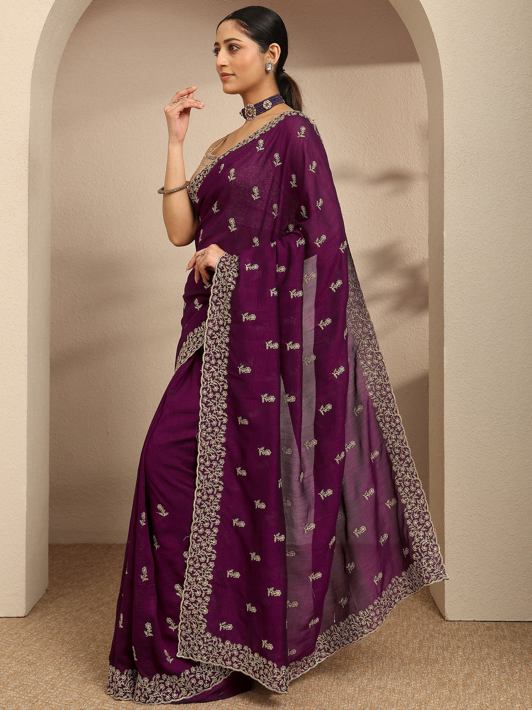  Burgundy Embellished Silk Blend Saree With Unstitched Blouse Piece 