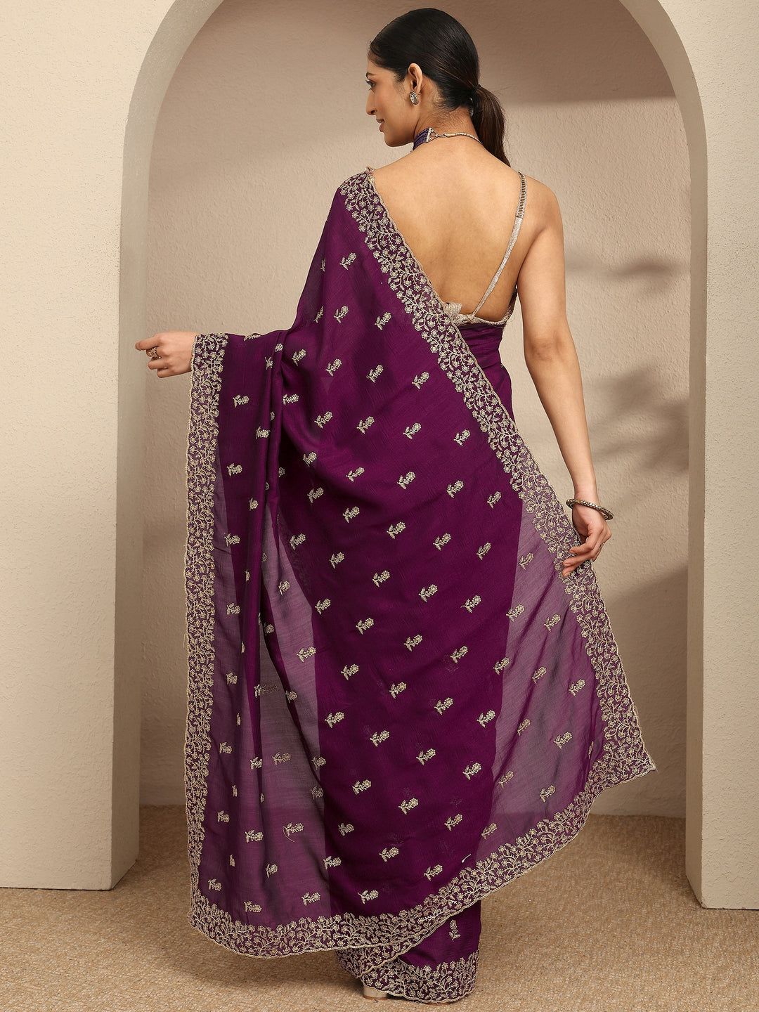  Burgundy Embellished Silk Blend Saree With Unstitched Blouse Piece 