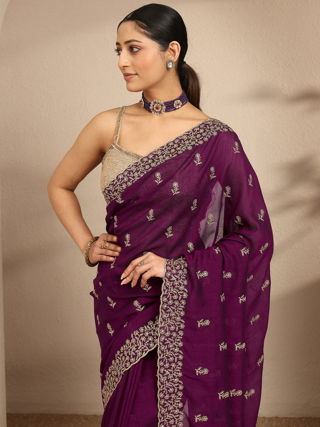  Burgundy Embellished Silk Blend Saree With Unstitched Blouse Piece 