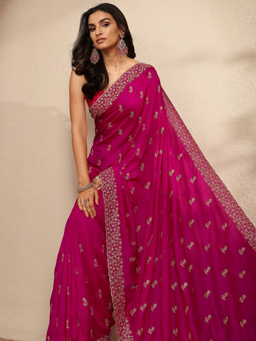 Pink Embellished Silk Blend Saree With Unstitched Blouse Piece