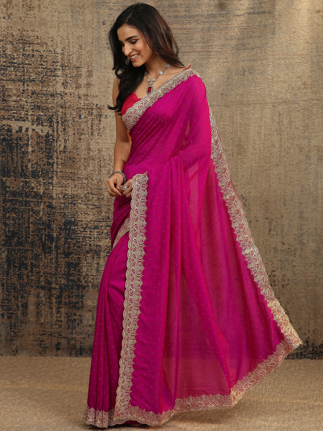  Pink Embellished Silk Blend Saree With Unstitched Blouse Piece 