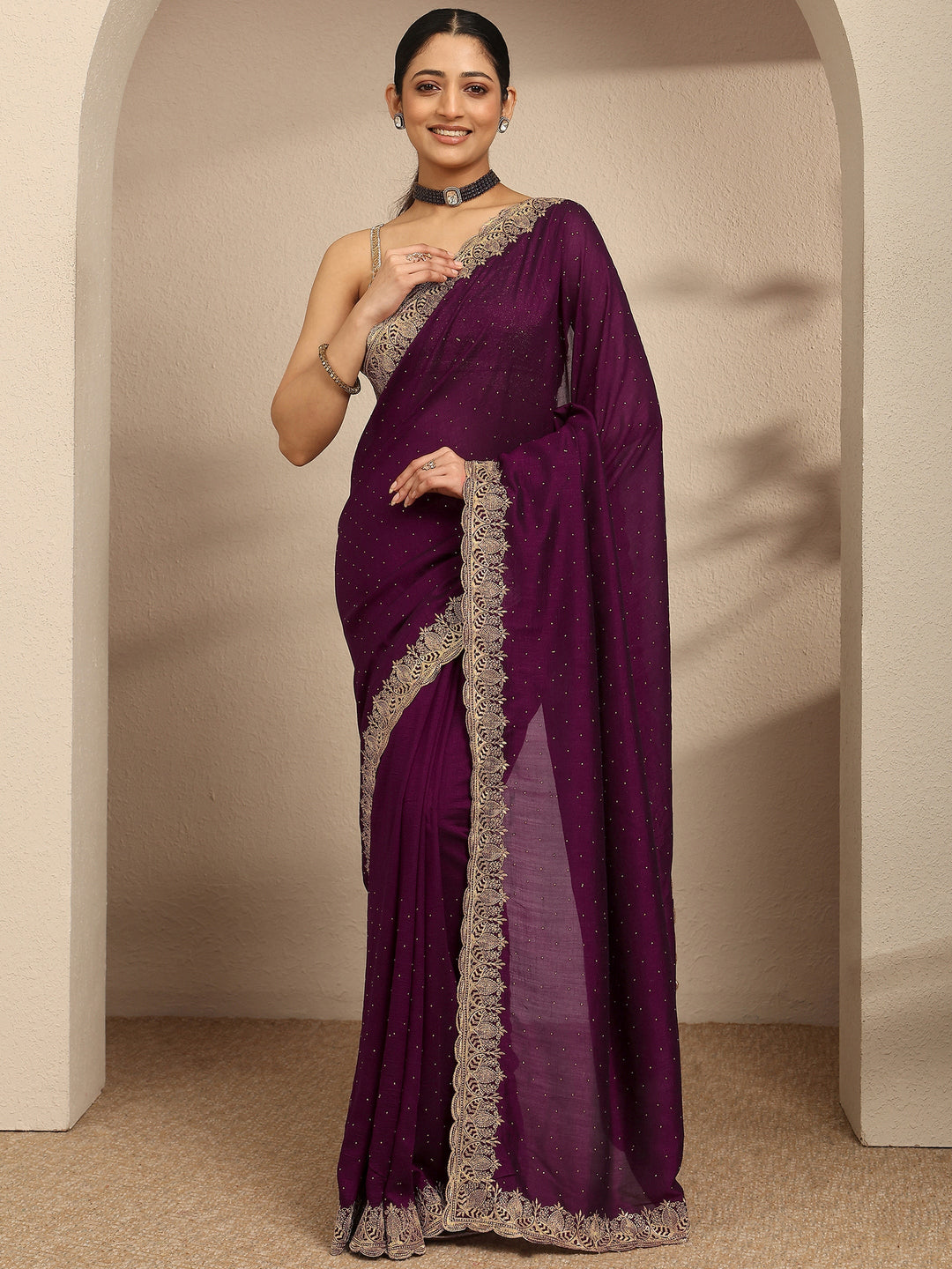  Burgundy Embellished Silk Blend Saree With Unstitched Blouse Piece 