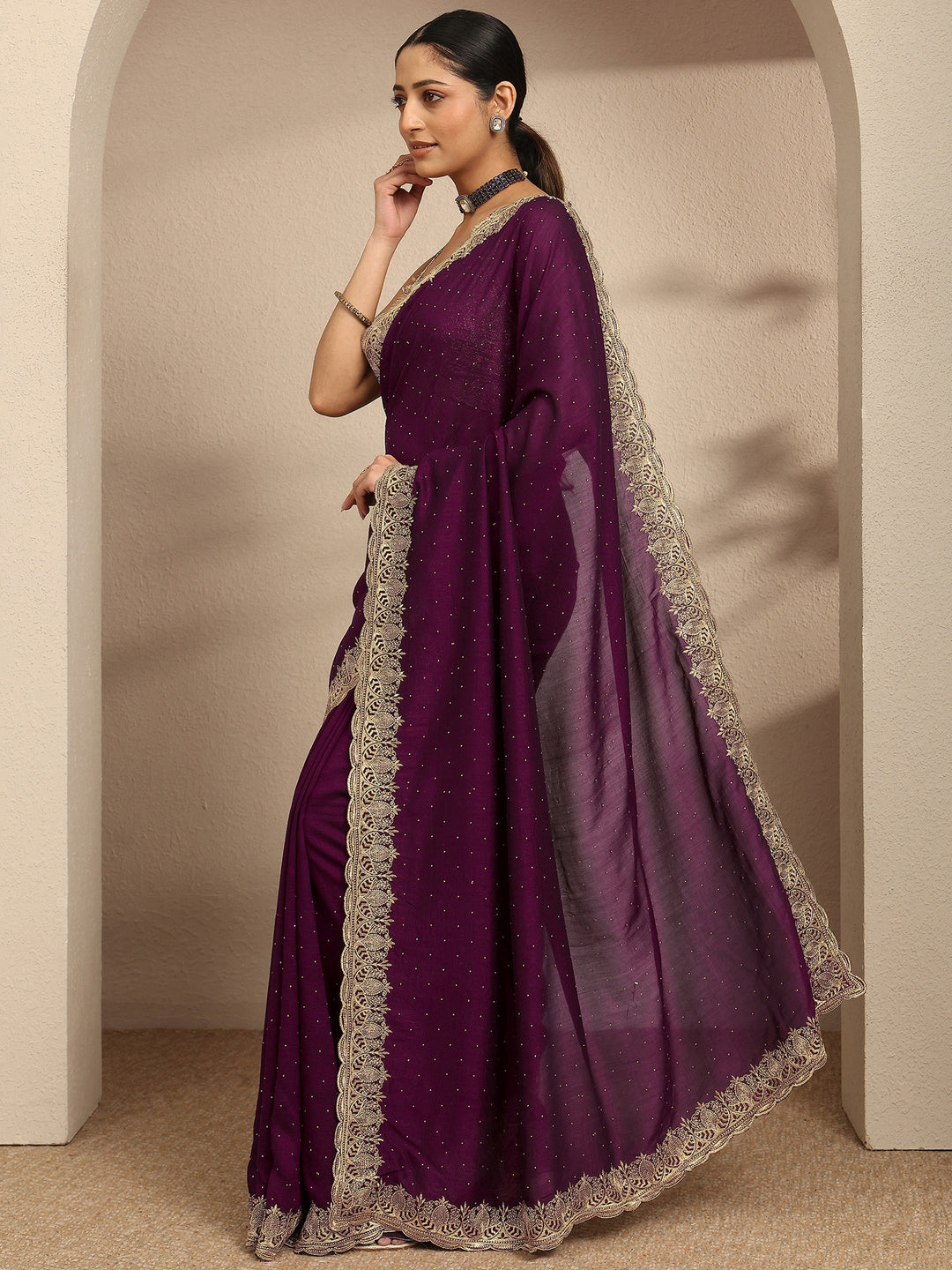  Burgundy Embellished Silk Blend Saree With Unstitched Blouse Piece 