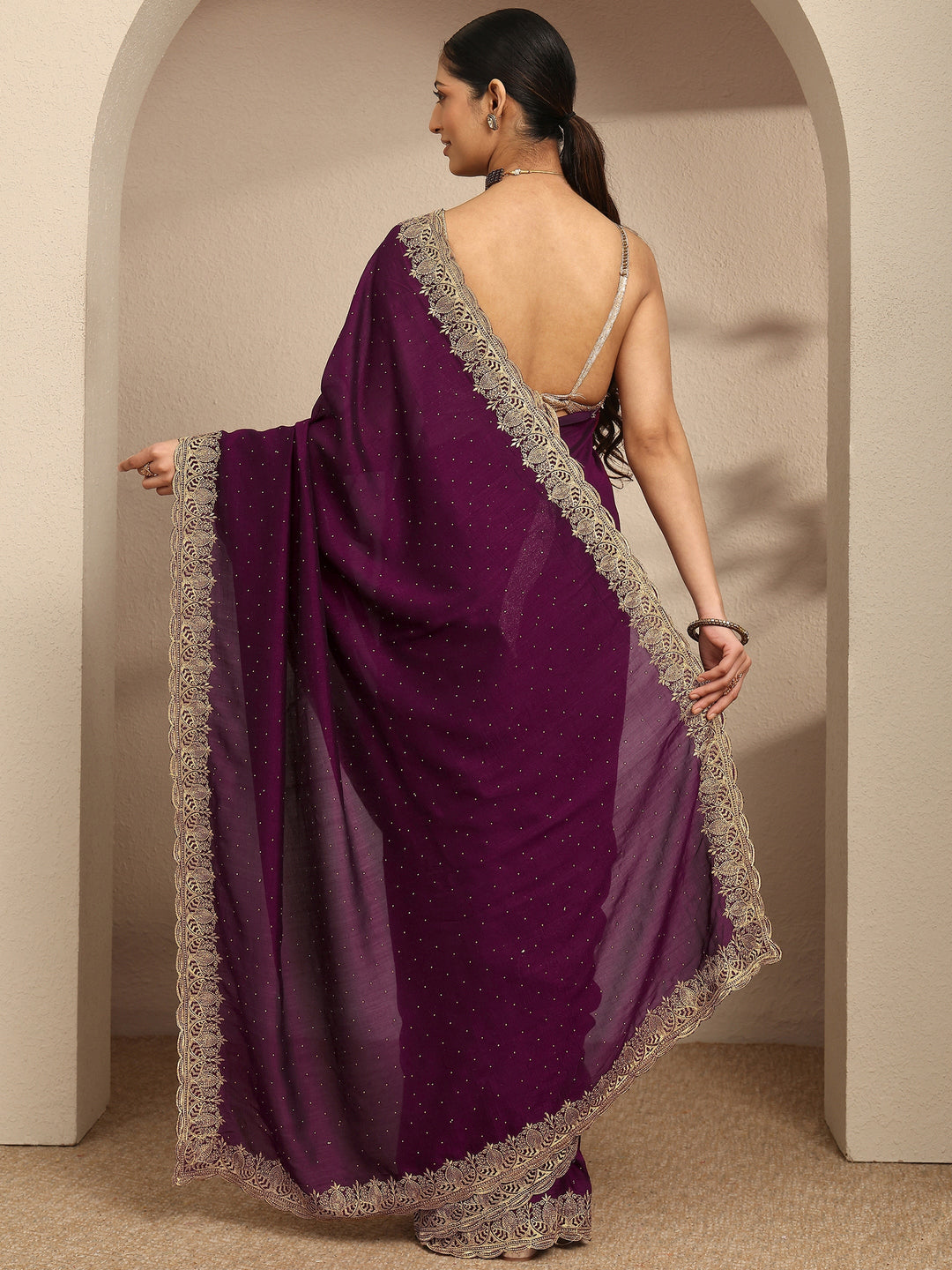  Burgundy Embellished Silk Blend Saree With Unstitched Blouse Piece 