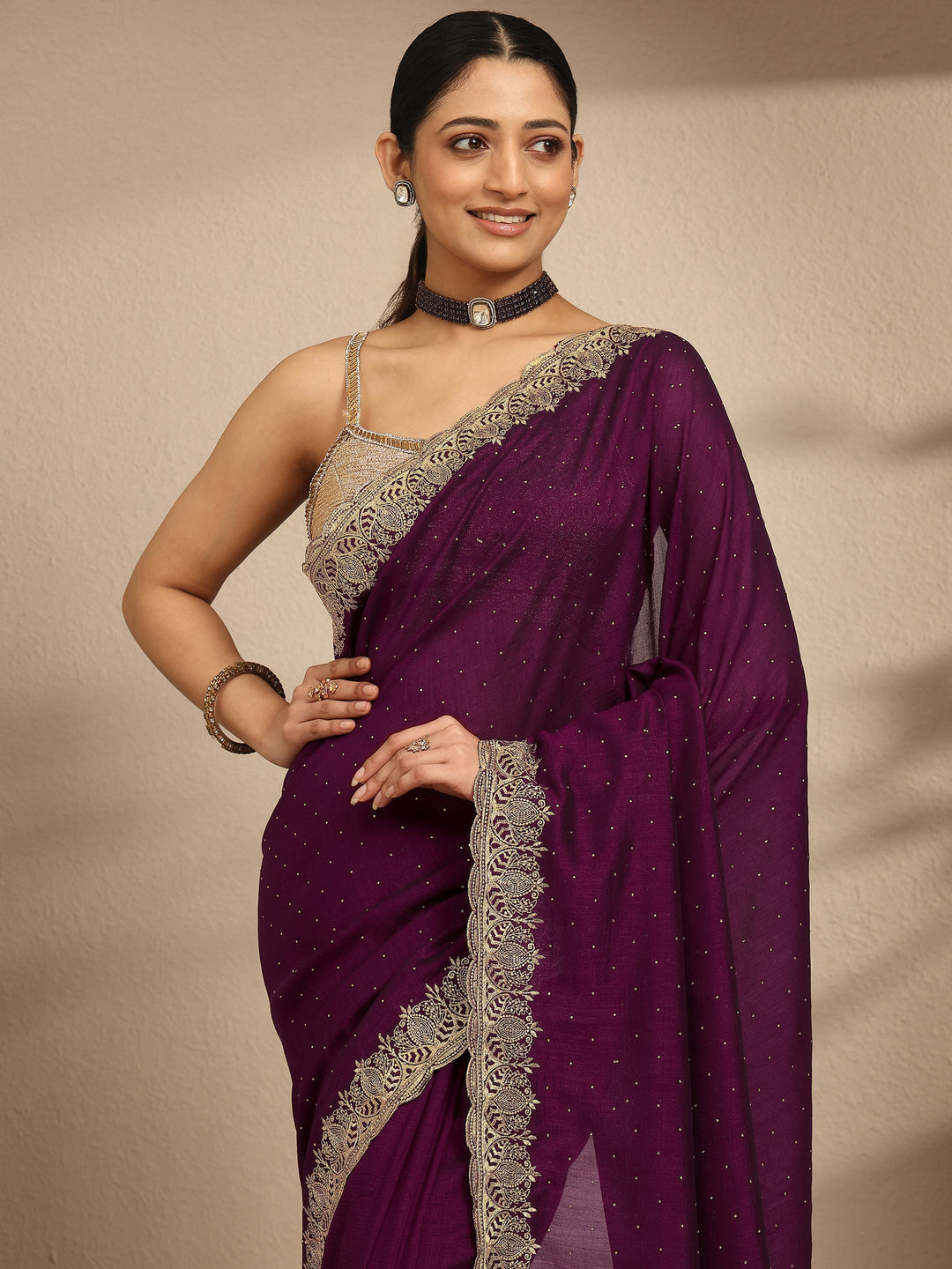  Burgundy Embellished Silk Blend Saree With Unstitched Blouse Piece 