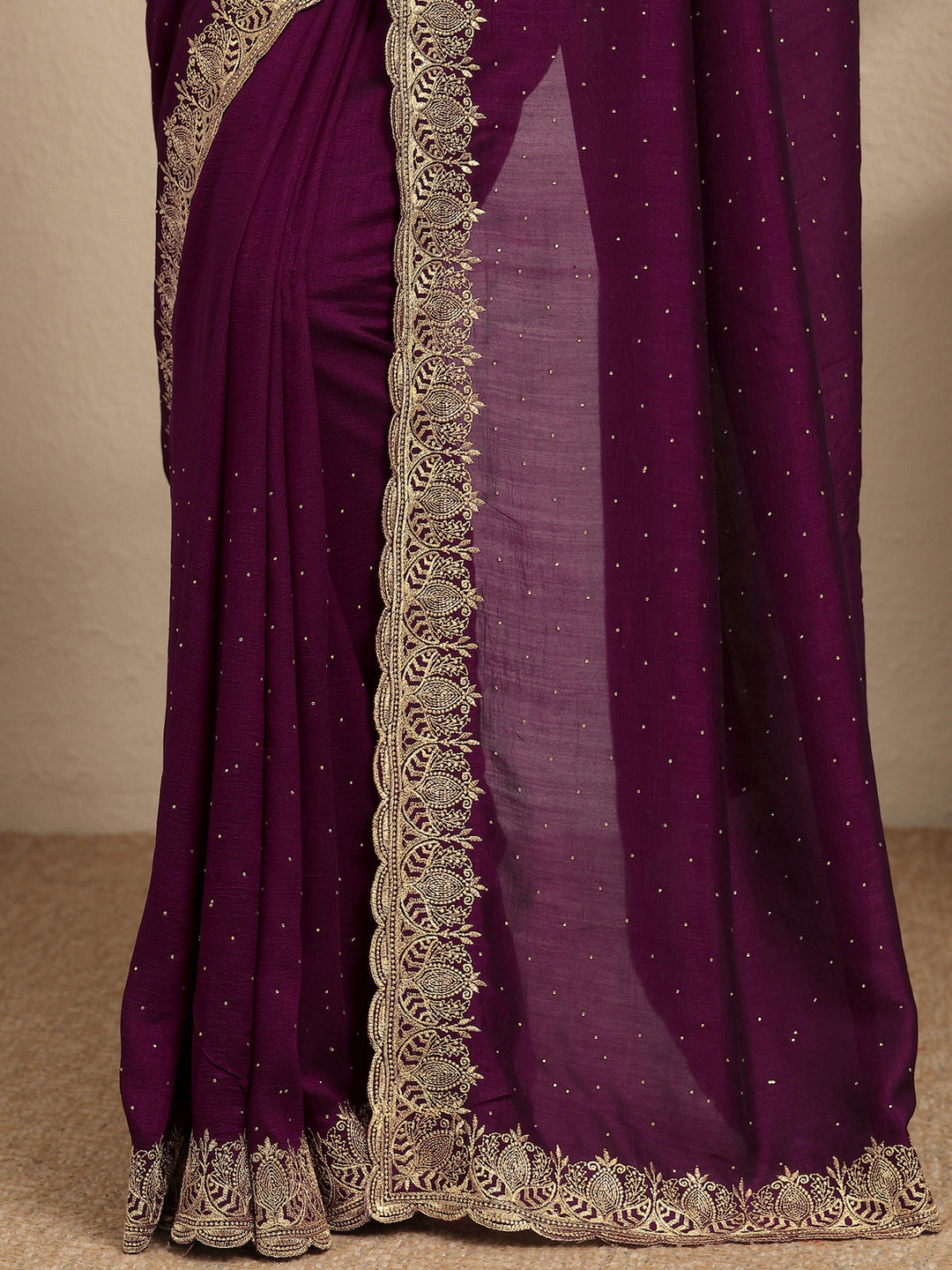  Burgundy Embellished Silk Blend Saree With Unstitched Blouse Piece 