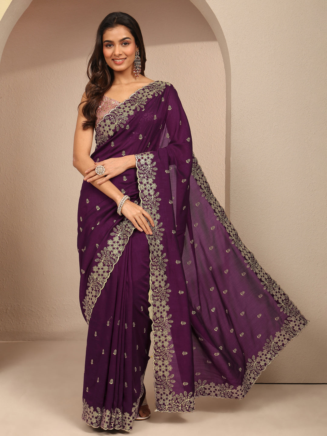  Burgundy Embroidered Silk Blend Saree With Unstitched Blouse Piece 