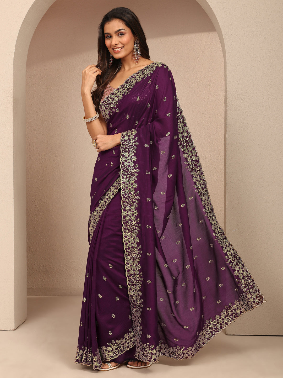  Burgundy Embroidered Silk Blend Saree With Unstitched Blouse Piece 