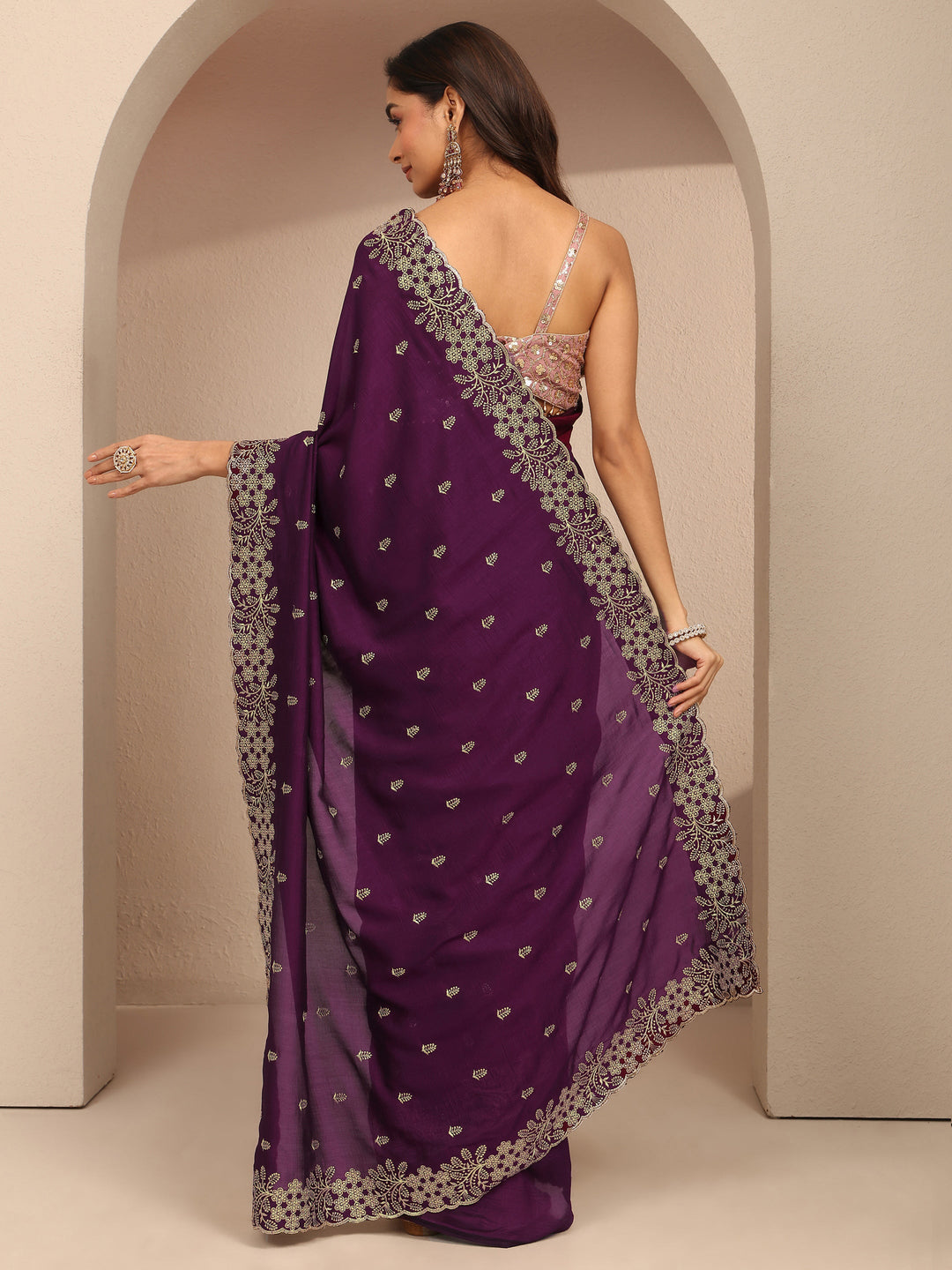  Burgundy Embroidered Silk Blend Saree With Unstitched Blouse Piece 