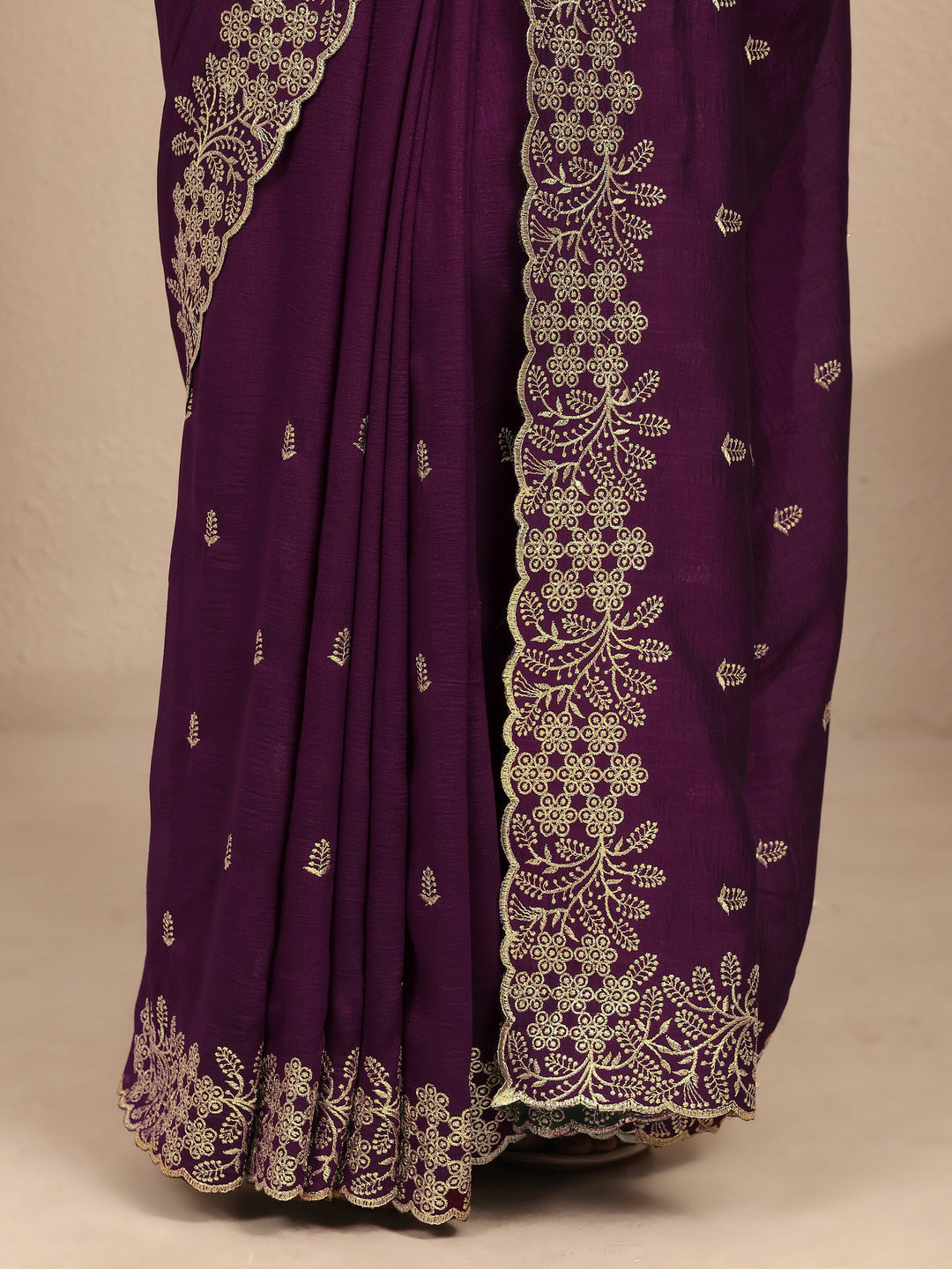  Burgundy Embroidered Silk Blend Saree With Unstitched Blouse Piece 