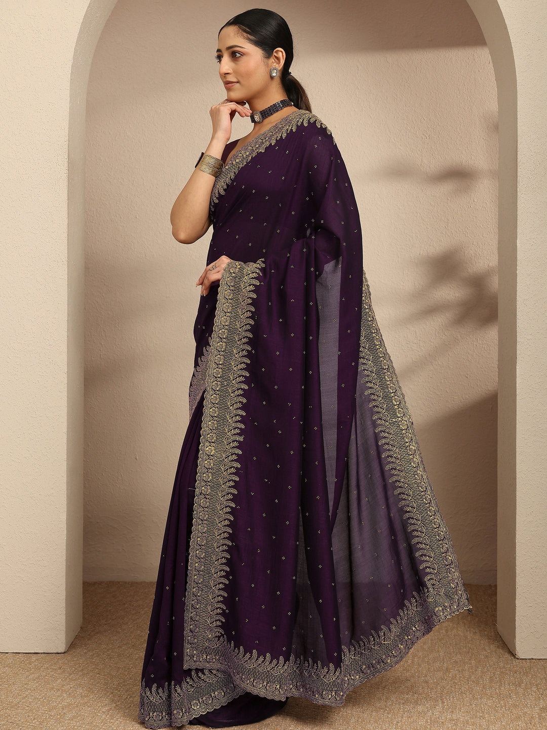  Burgundy Embellished Silk Blend Saree With Unstitched Blouse Piece 