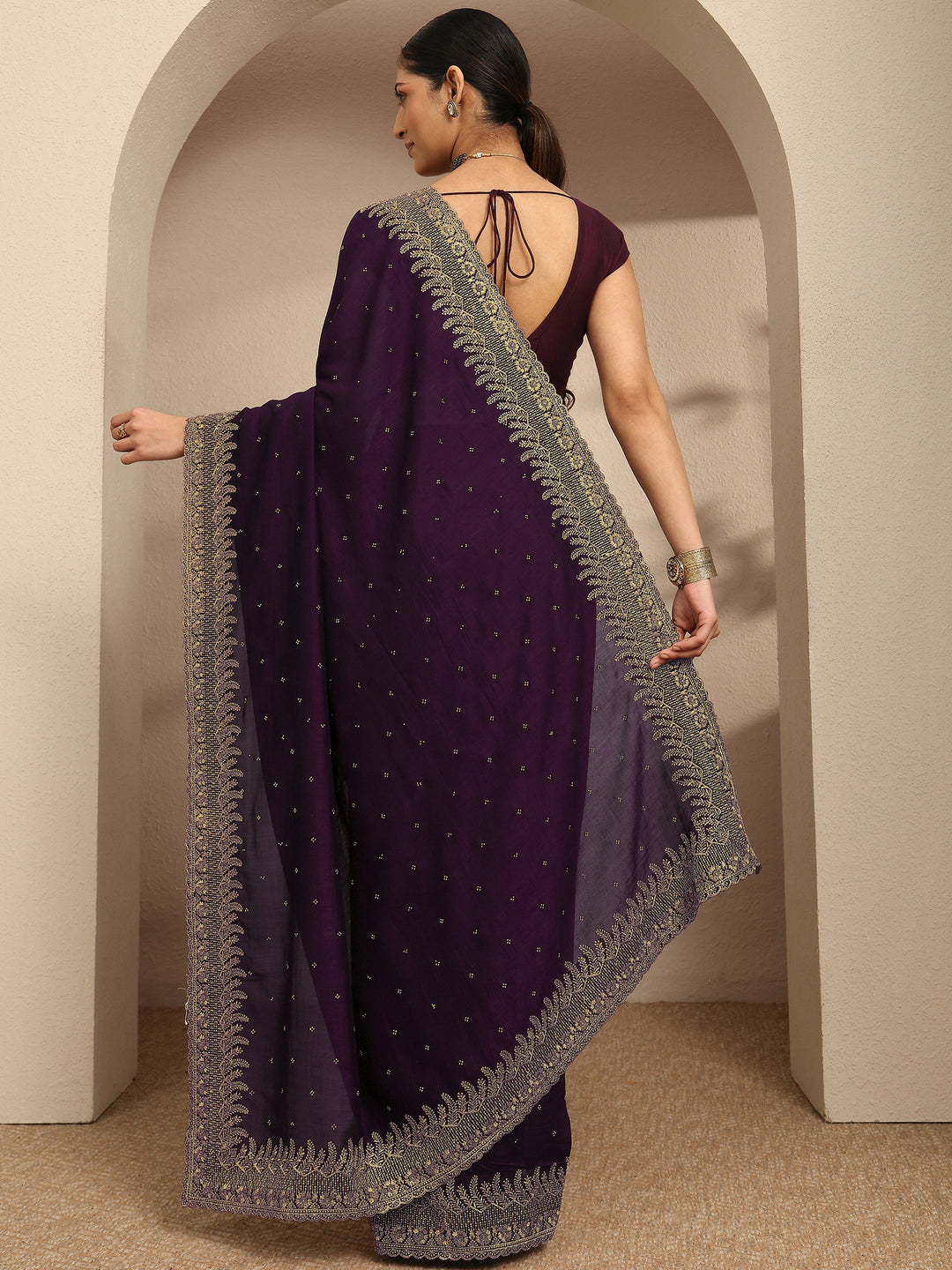  Burgundy Embellished Silk Blend Saree With Unstitched Blouse Piece 