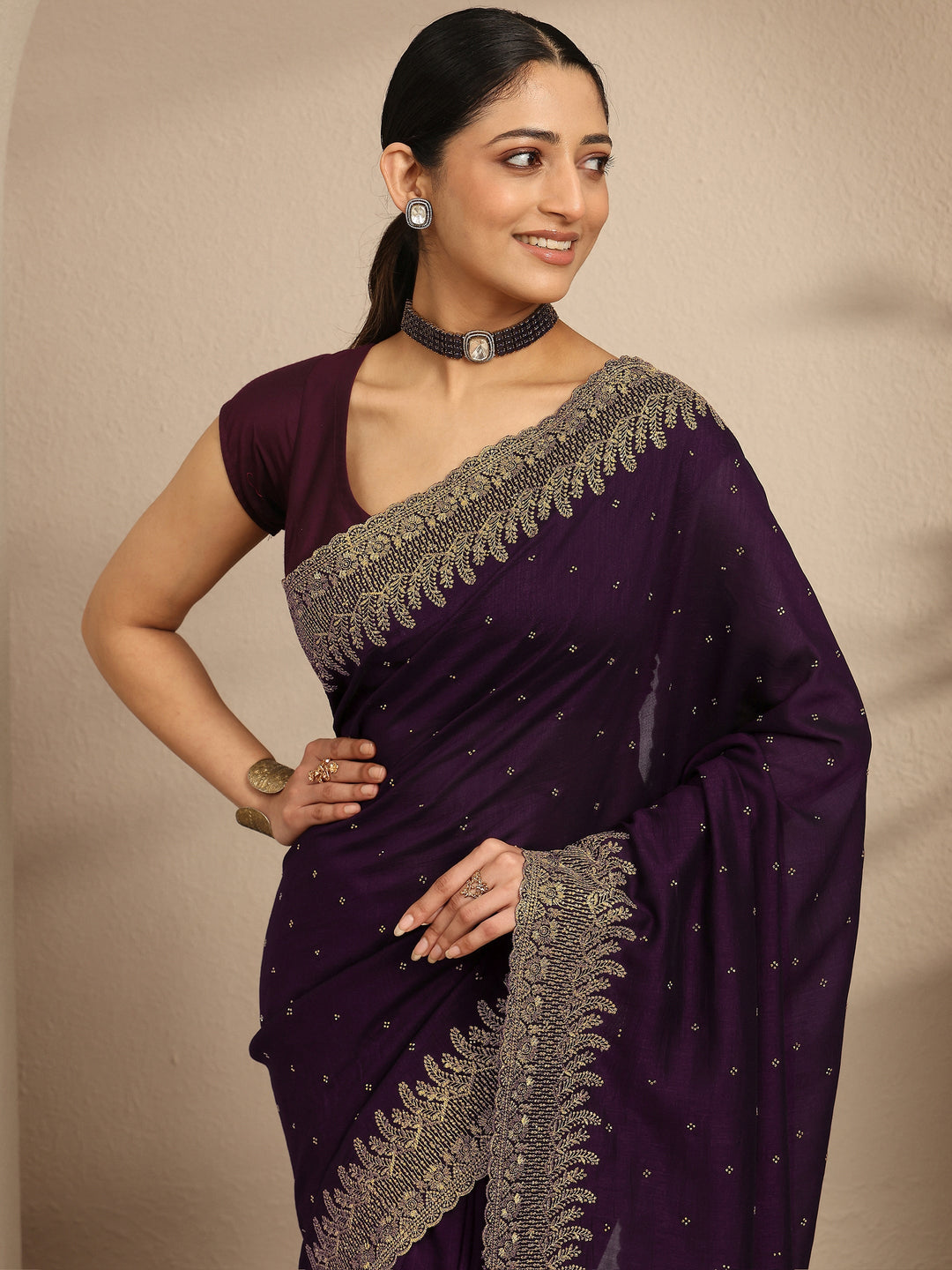  Burgundy Embellished Silk Blend Saree With Unstitched Blouse Piece 