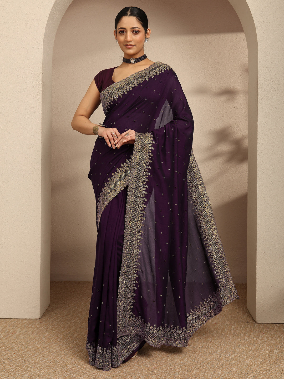  Burgundy Embellished Silk Blend Saree With Unstitched Blouse Piece 