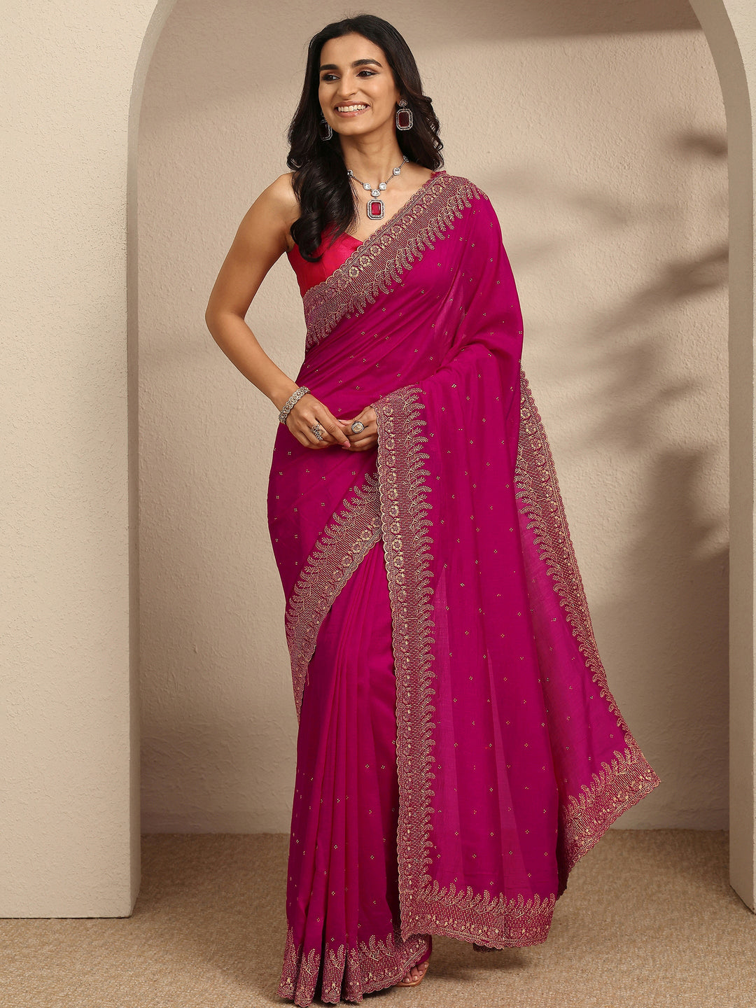  Pink Embellished Silk Blend Saree With Unstitched Blouse Piece 
