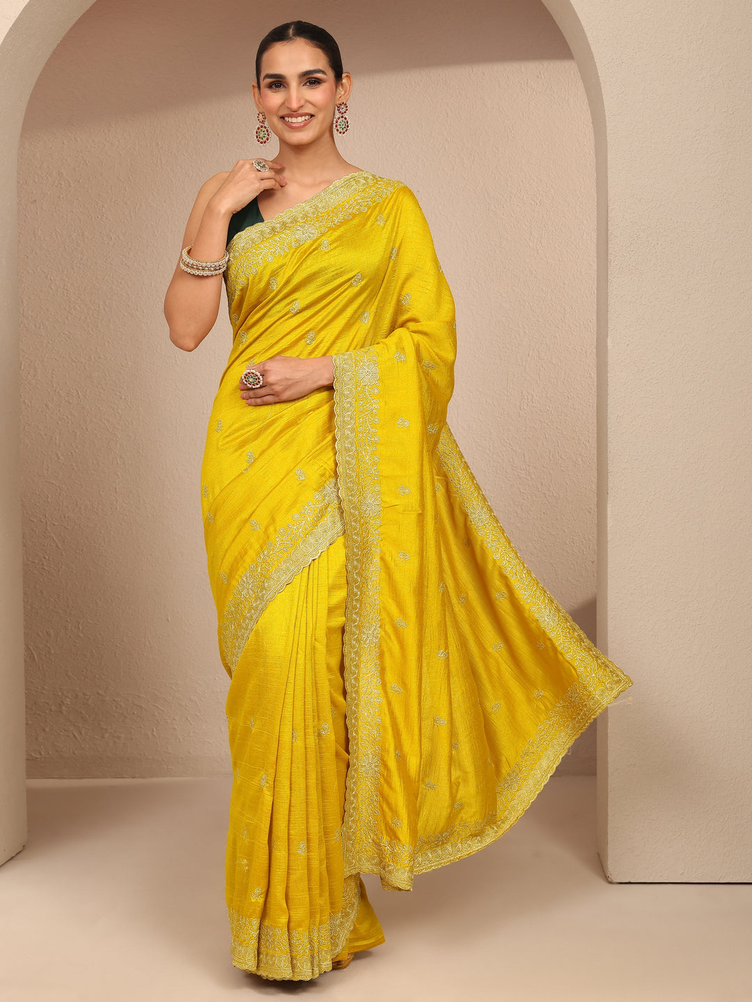  Mustard Embroidered Silk Blend Saree With Unstitched Blouse Piece 