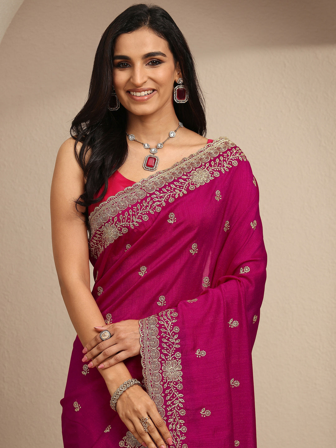  Pink Embroidered Silk Blend Saree With Unstitched Blouse Piece 