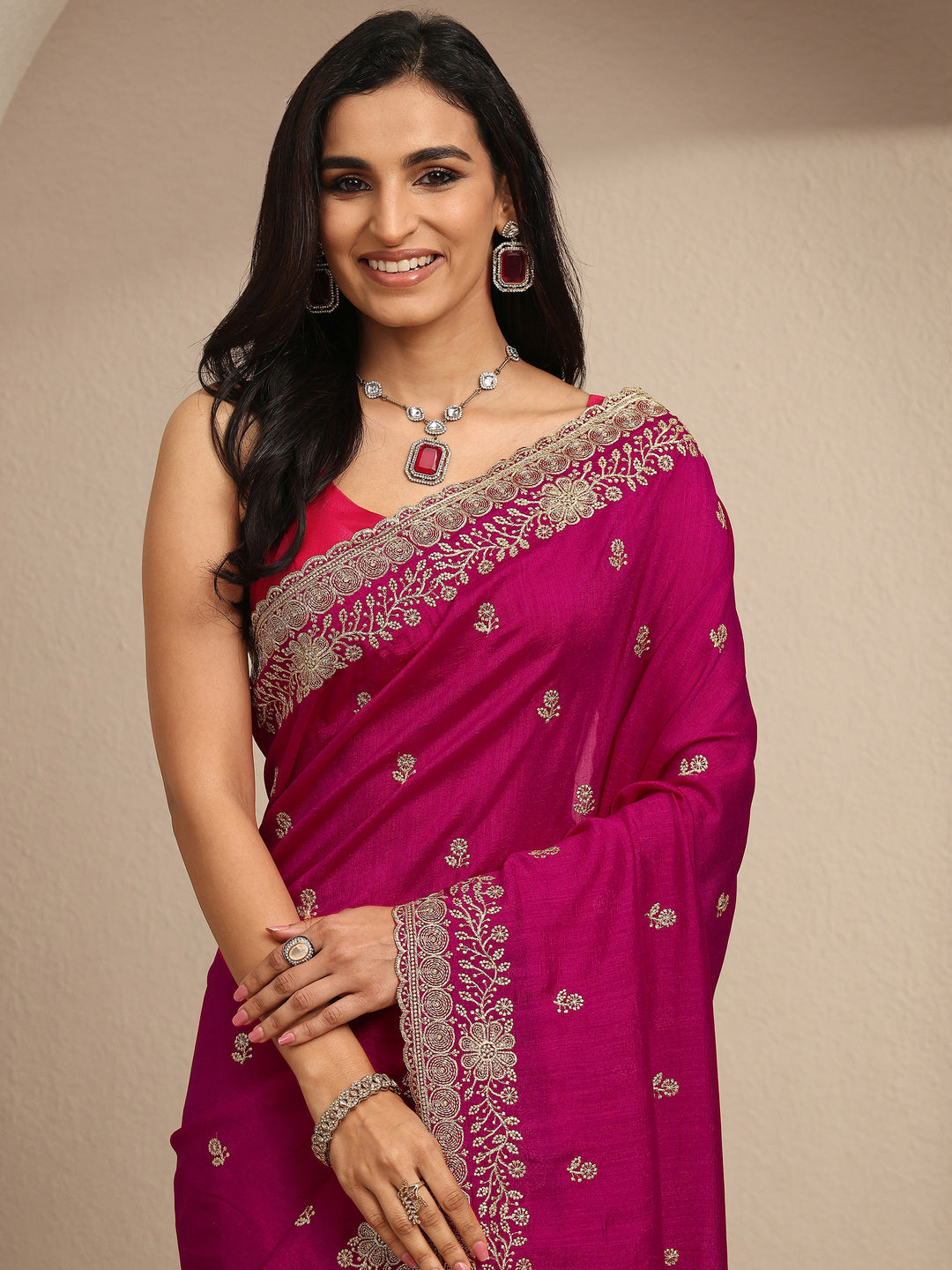  Pink Embroidered Silk Blend Saree With Unstitched Blouse Piece 