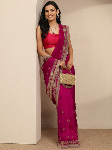 Pink Embroidered Silk Blend Saree With Unstitched Blouse Piece