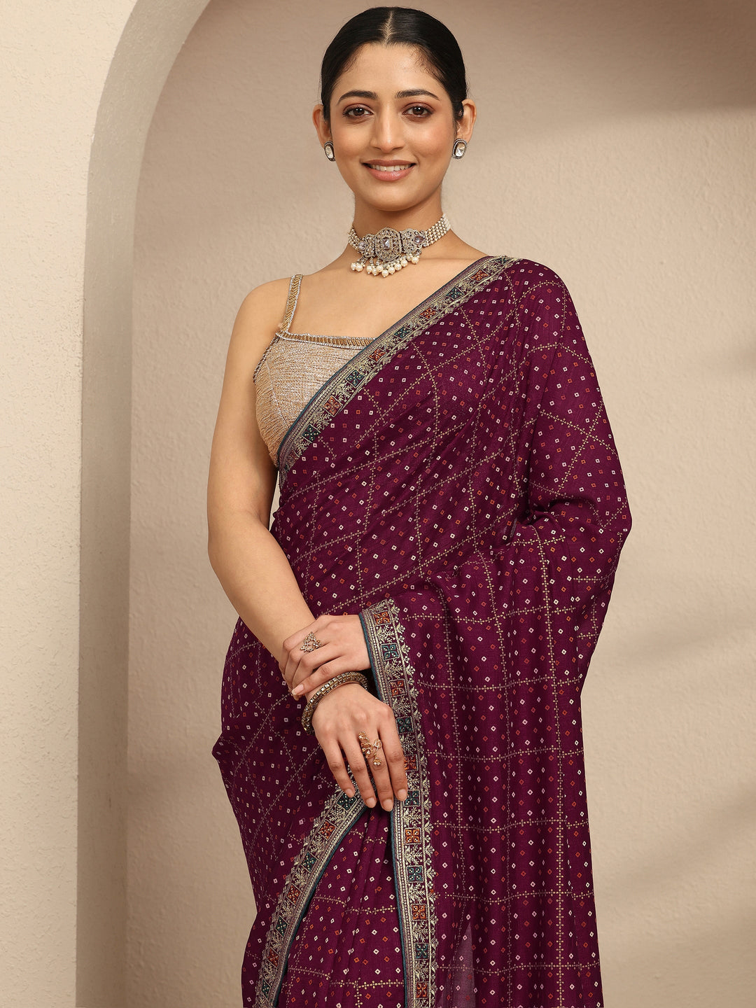  Maroon Bandhani Printed Silk Blend Saree With Unstitched Blouse Piece 