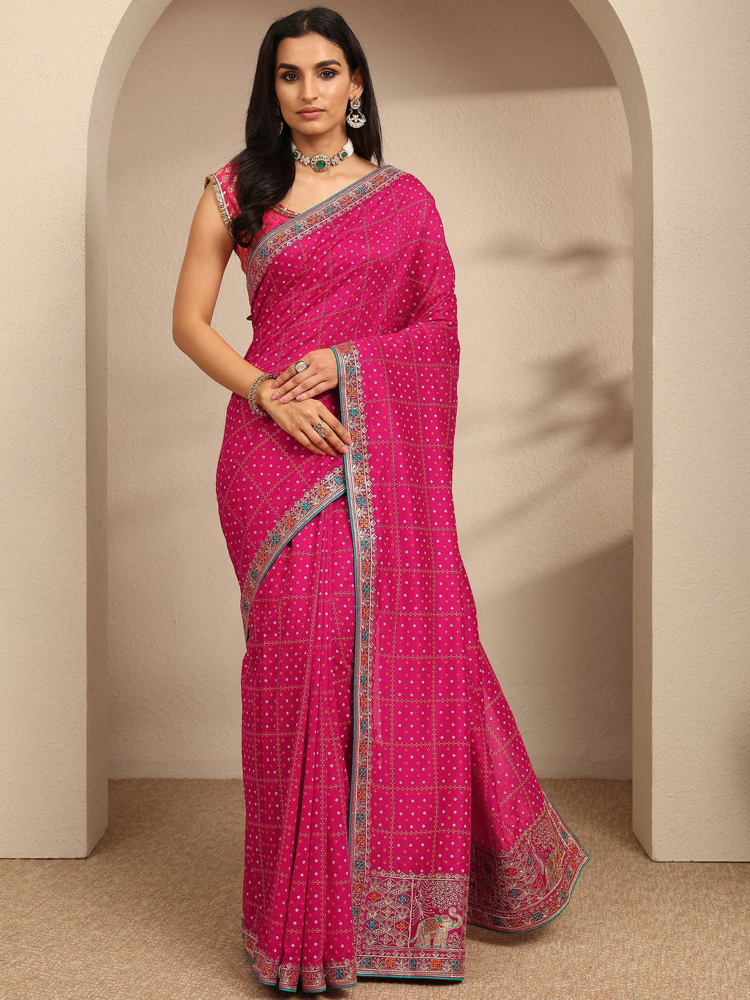  Pink Bandhani Printed Silk Blend Saree With Unstitched Blouse Piece 
