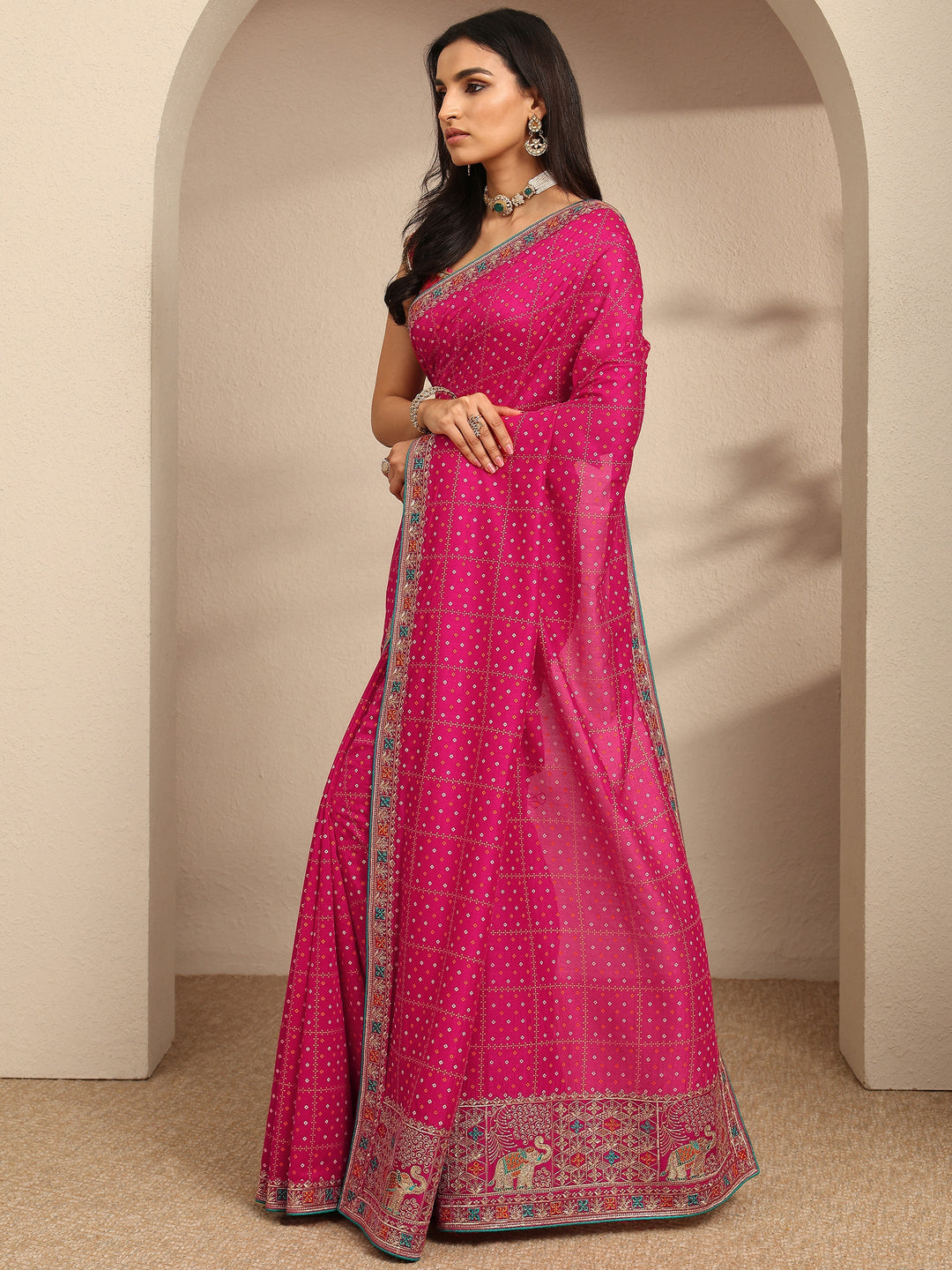  Pink Bandhani Printed Silk Blend Saree With Unstitched Blouse Piece 