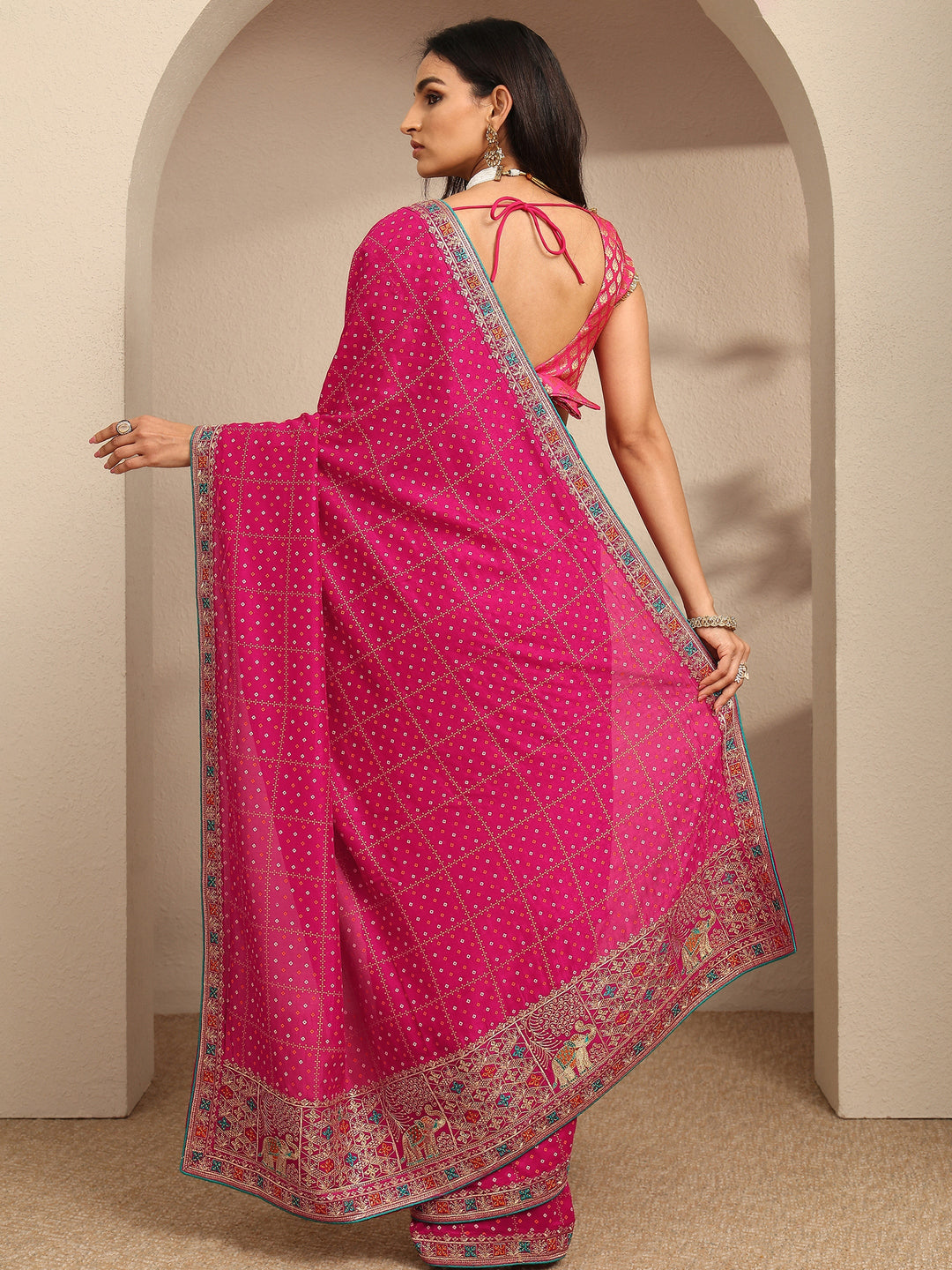  Pink Bandhani Printed Silk Blend Saree With Unstitched Blouse Piece 