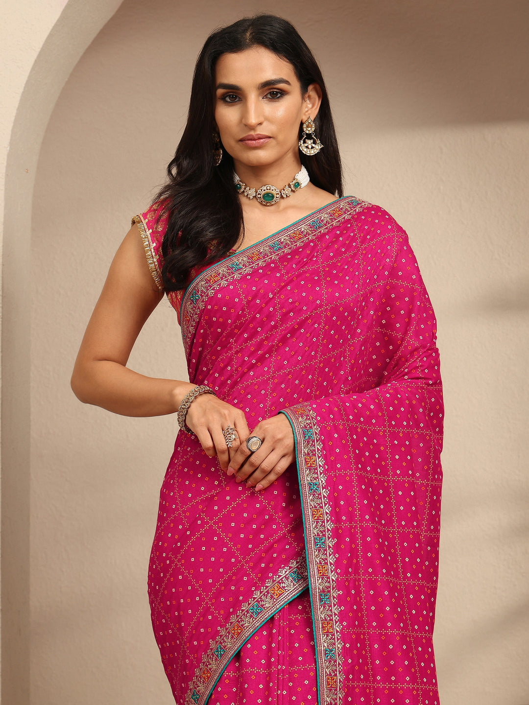  Pink Bandhani Printed Silk Blend Saree With Unstitched Blouse Piece 