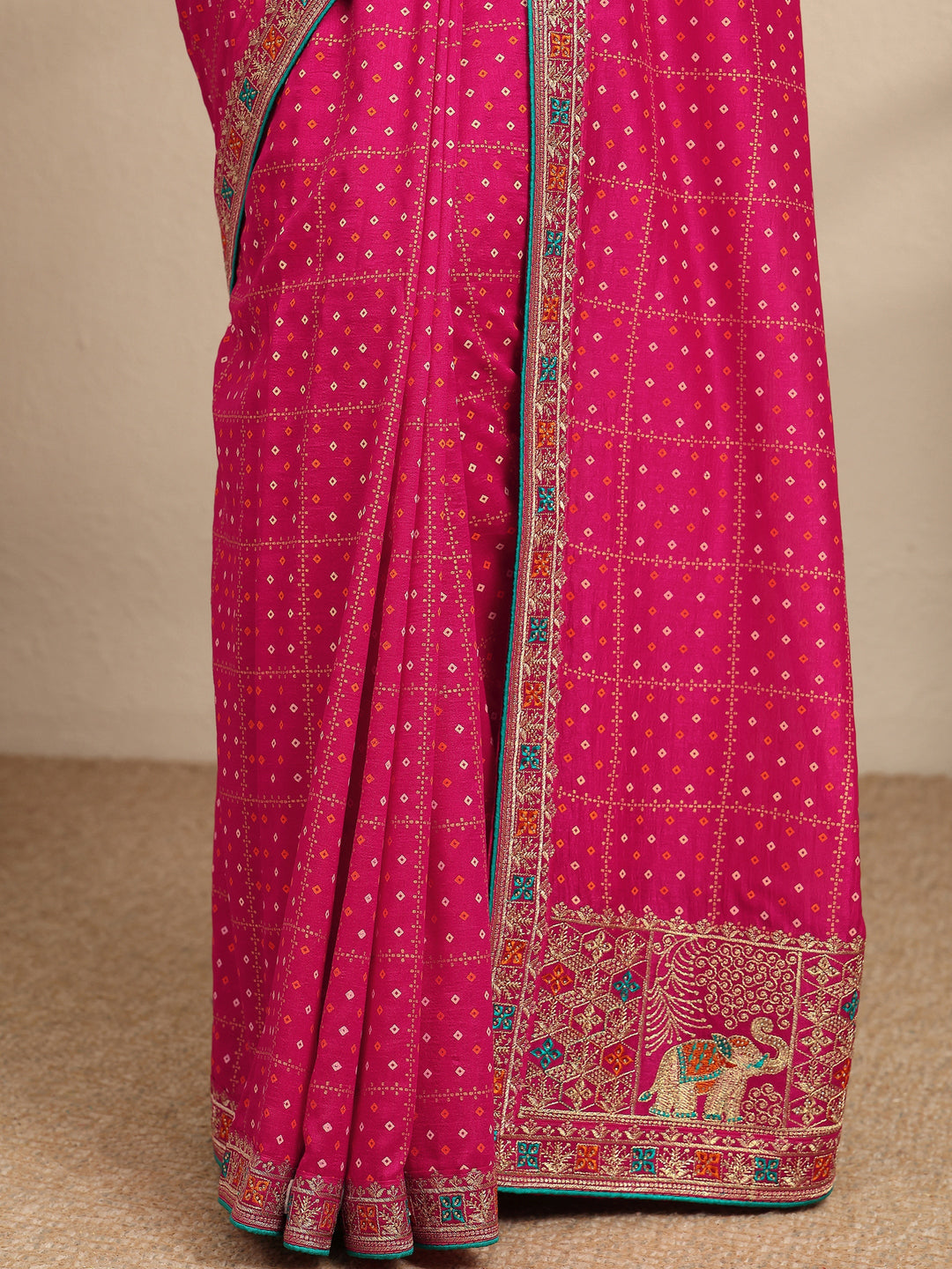  Pink Bandhani Printed Silk Blend Saree With Unstitched Blouse Piece 