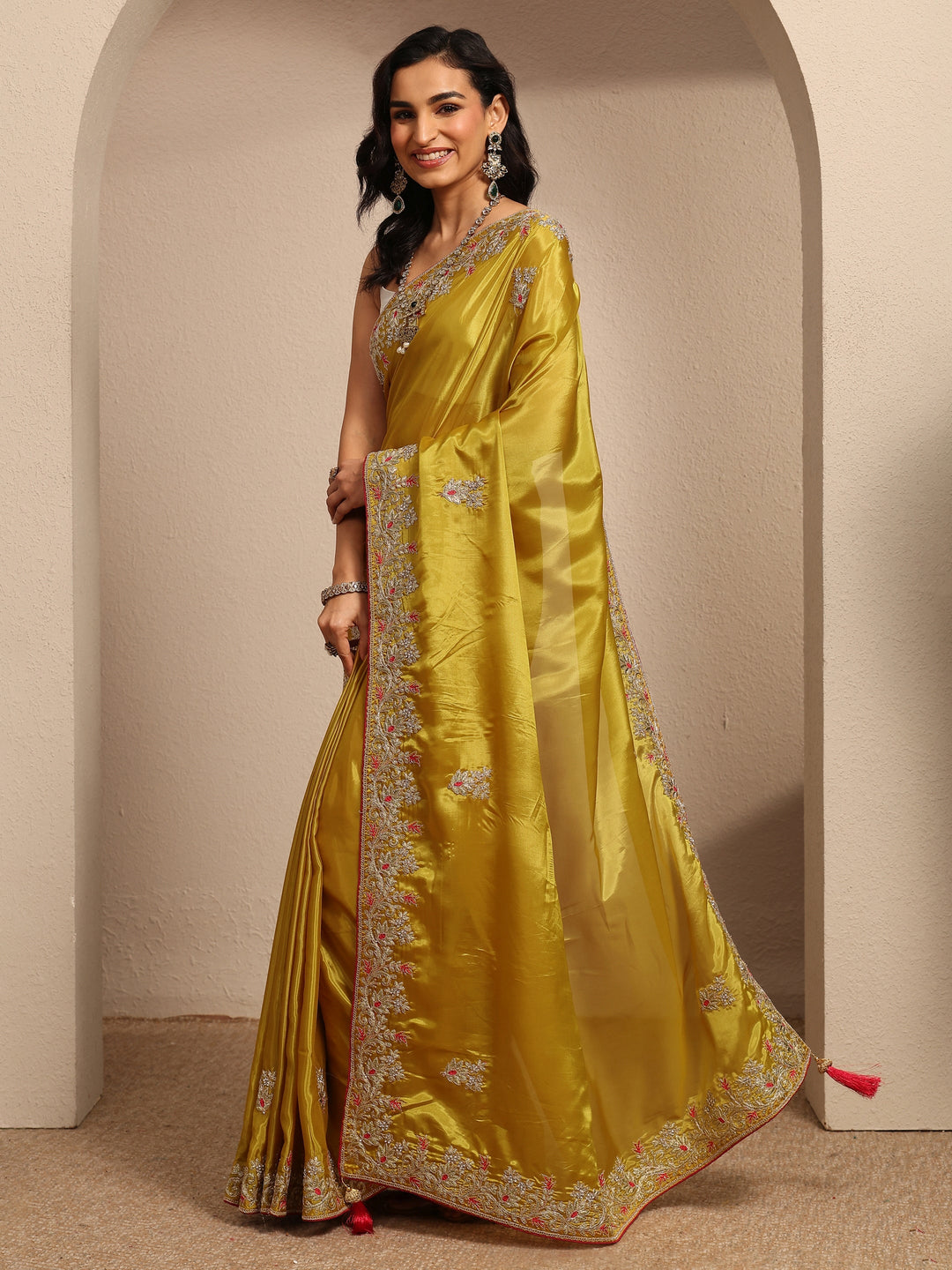  Mustard Embroidered Silk Blend Saree With Unstitched Blouse Piece 