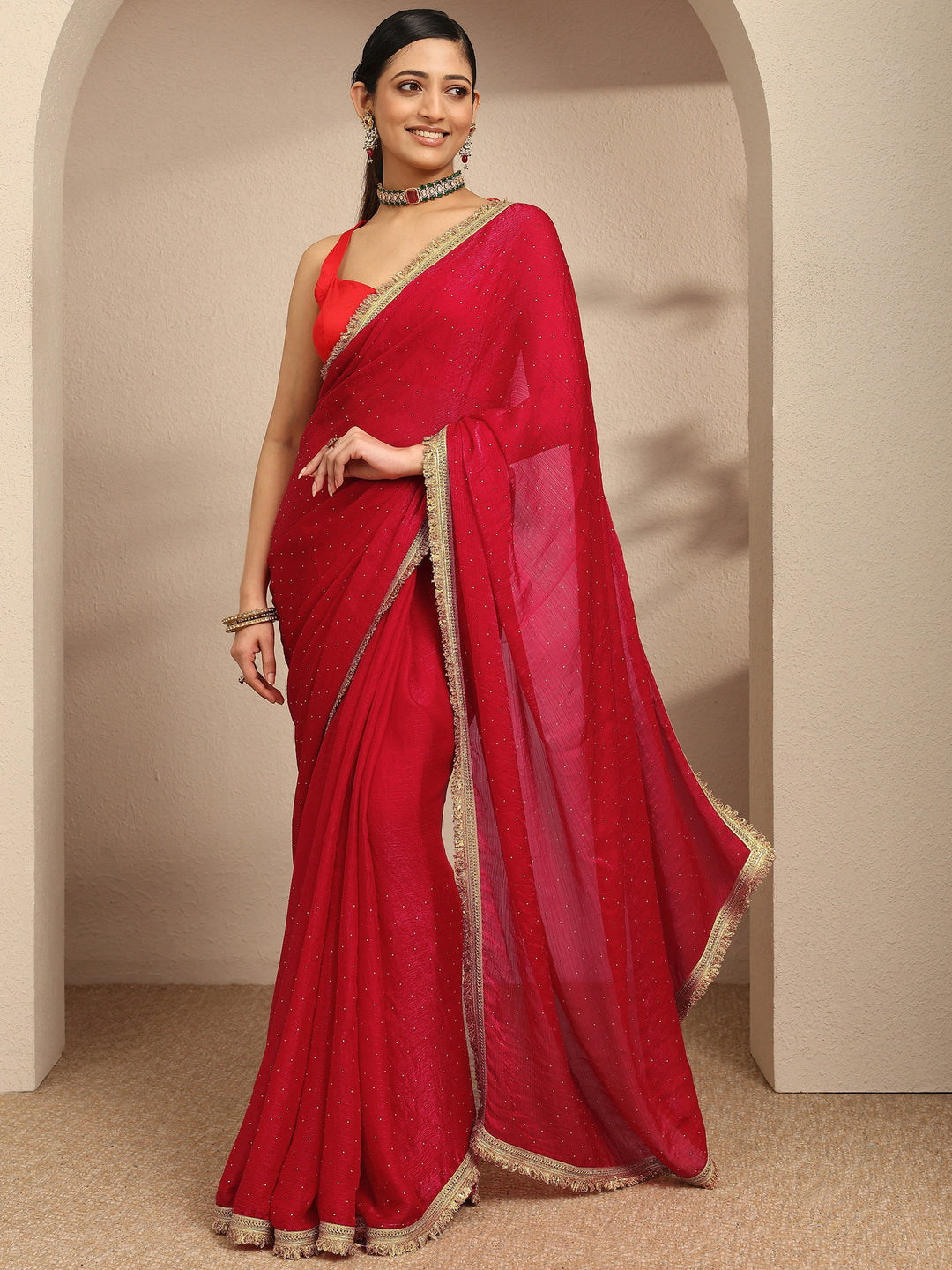  Red Embellished Silk Blend Saree With Unstitched Blouse Piece 
