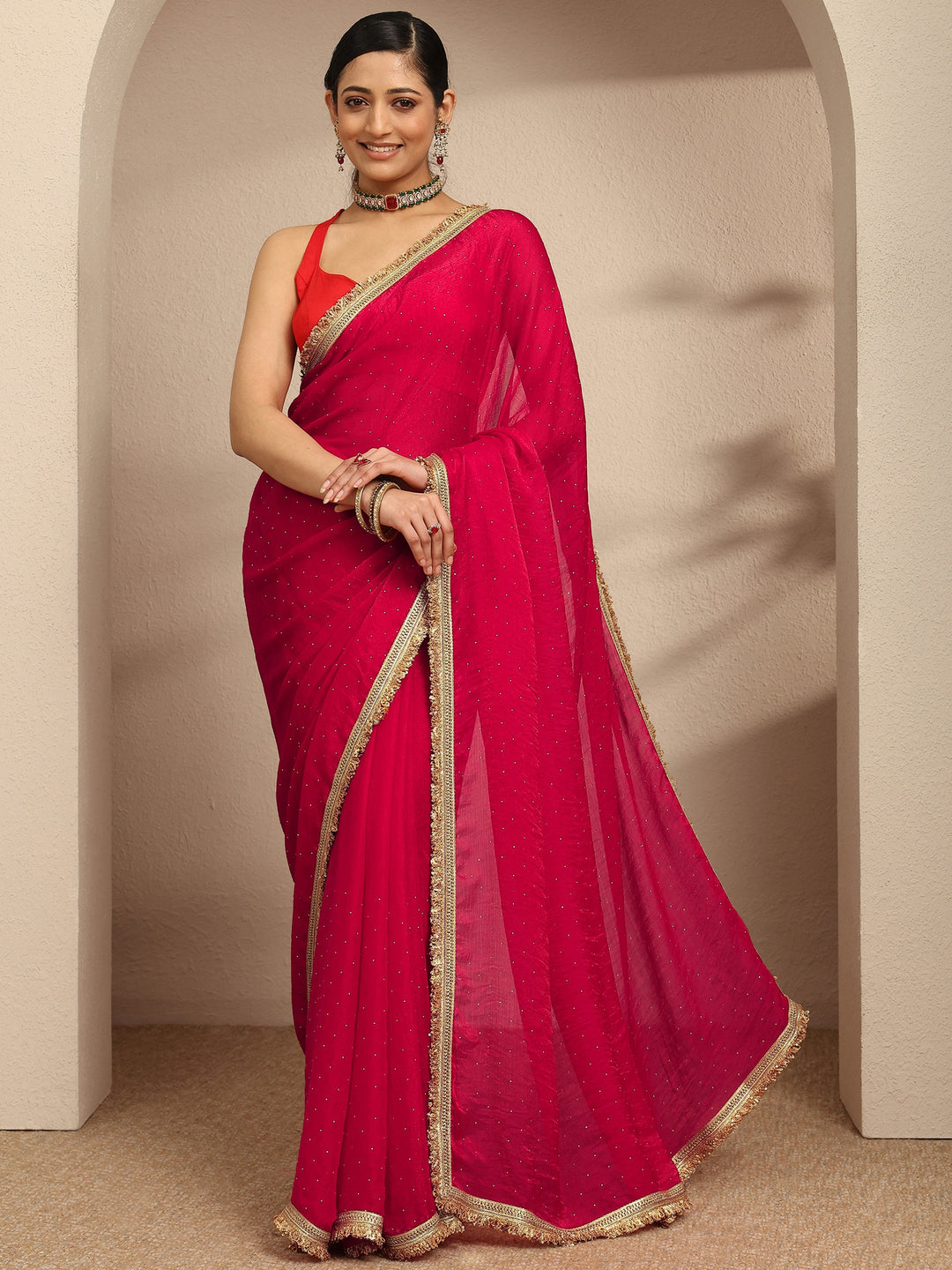  Pink Embellished Silk Blend Saree With Unstitched Blouse Piece 