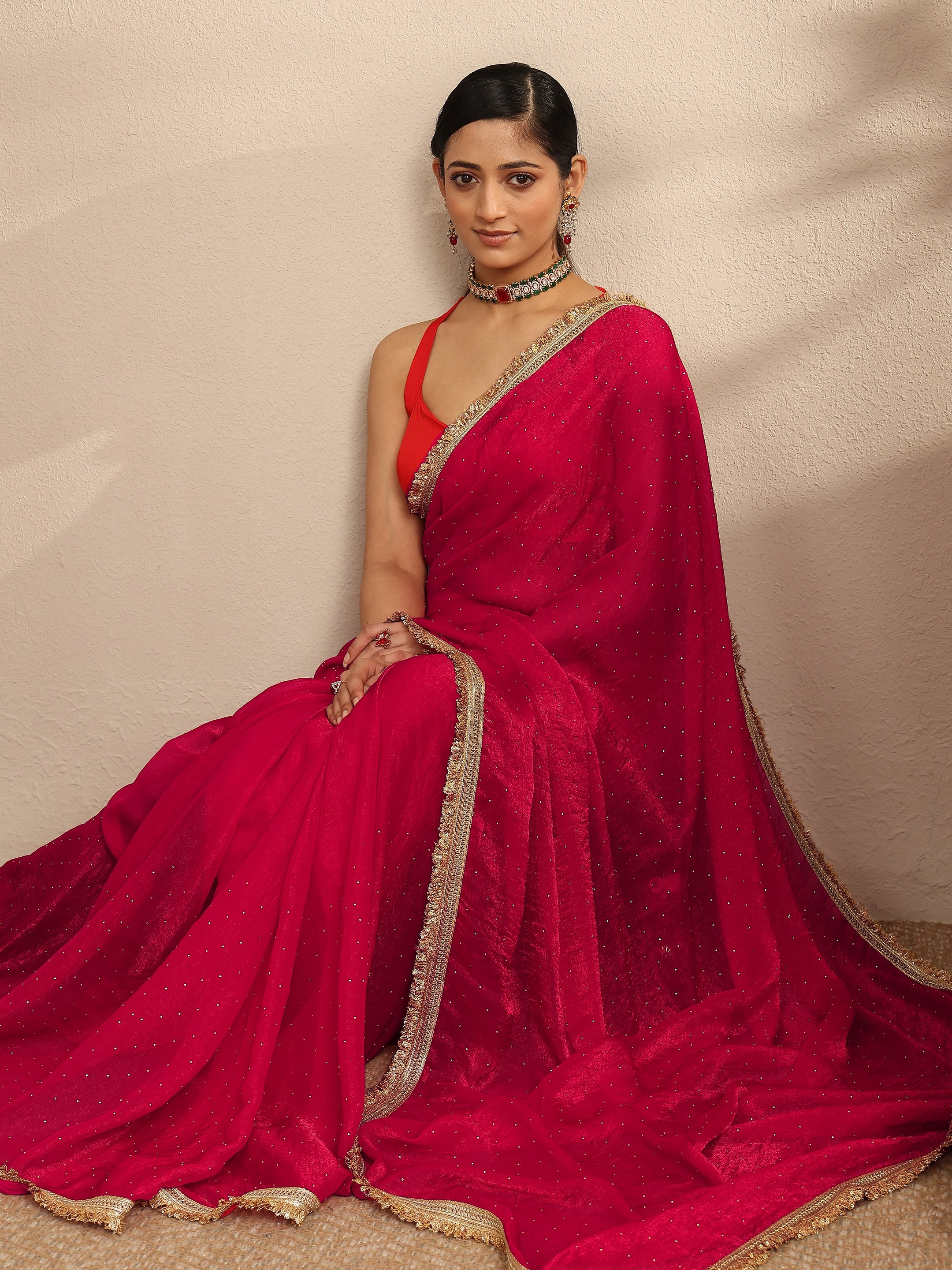 Pink Embellished Silk Blend Saree With Unstitched Blouse Piece-image-5