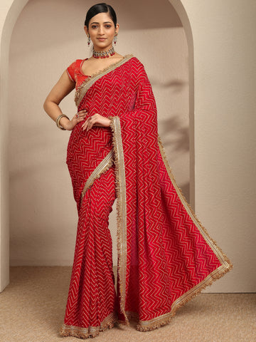 Red Chevron Printed Silk Blend Saree With Unstitched Blouse Piece