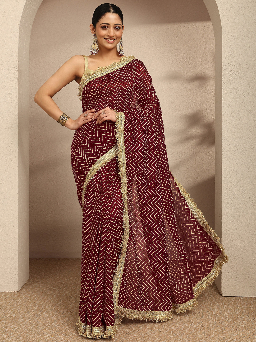 Maroon Chevron Printed Silk Blend Saree With Unstitched Blouse Piece 