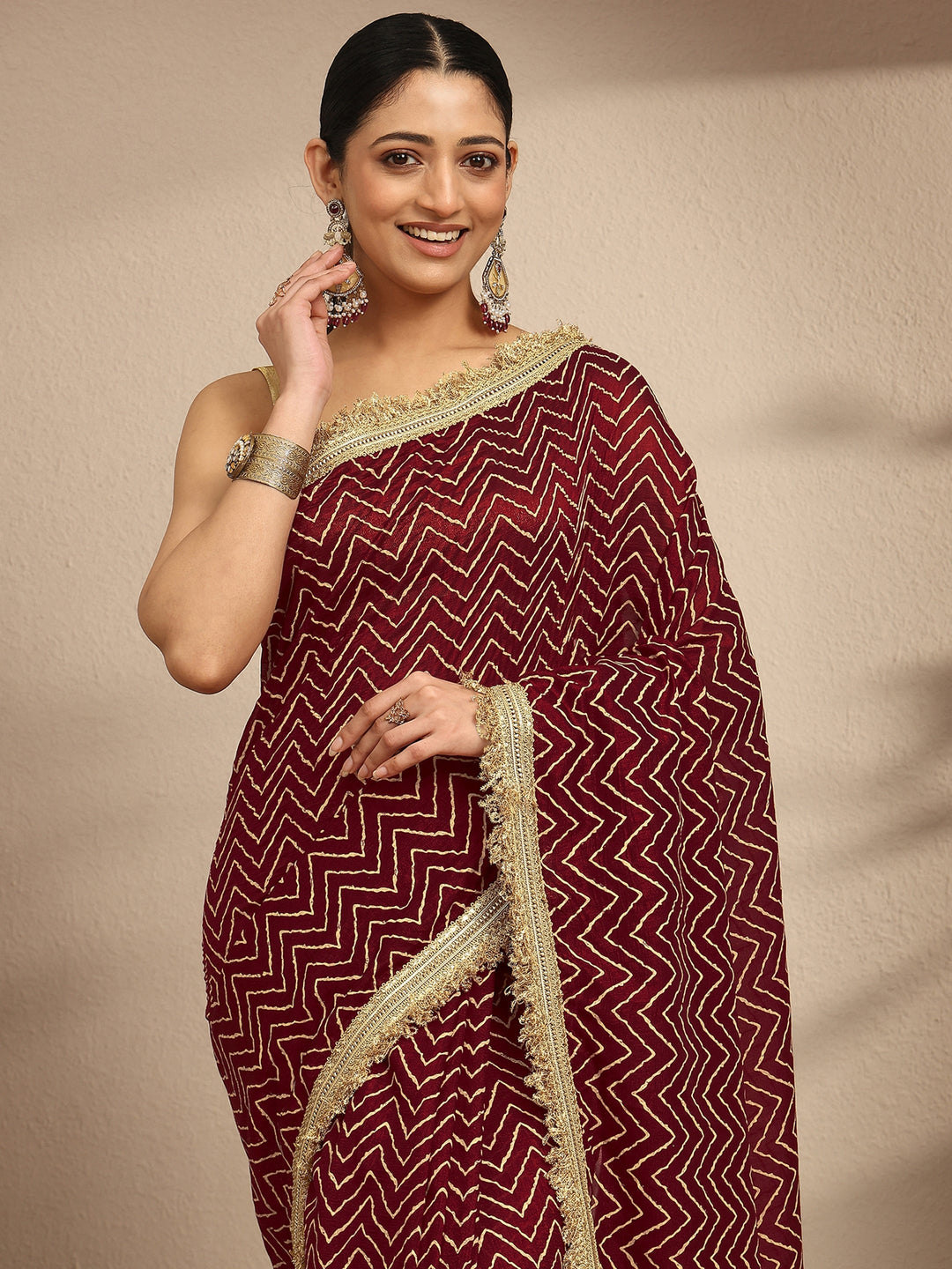  Maroon Chevron Printed Silk Blend Saree With Unstitched Blouse Piece 