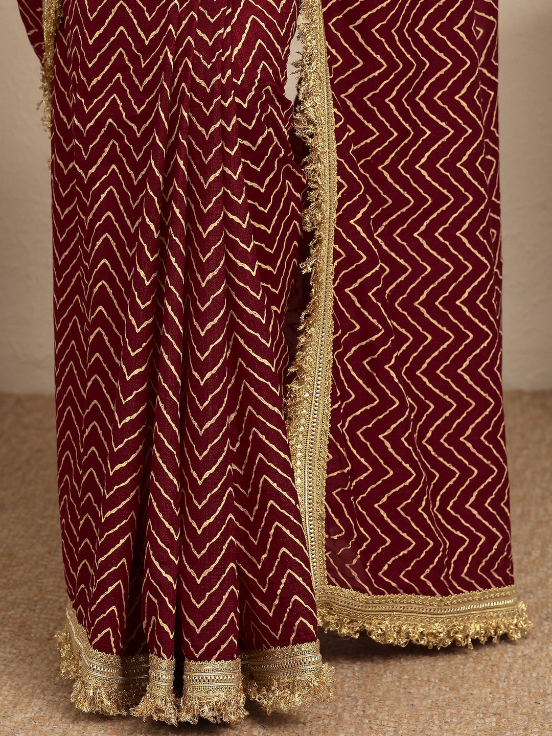  Maroon Chevron Printed Silk Blend Saree With Unstitched Blouse Piece 