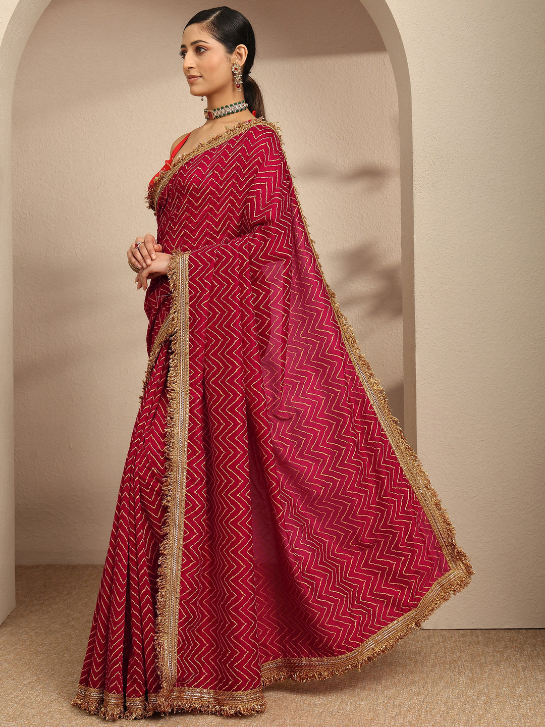  Pink Chevron Printed Silk Blend Saree With Unstitched Blouse Piece 