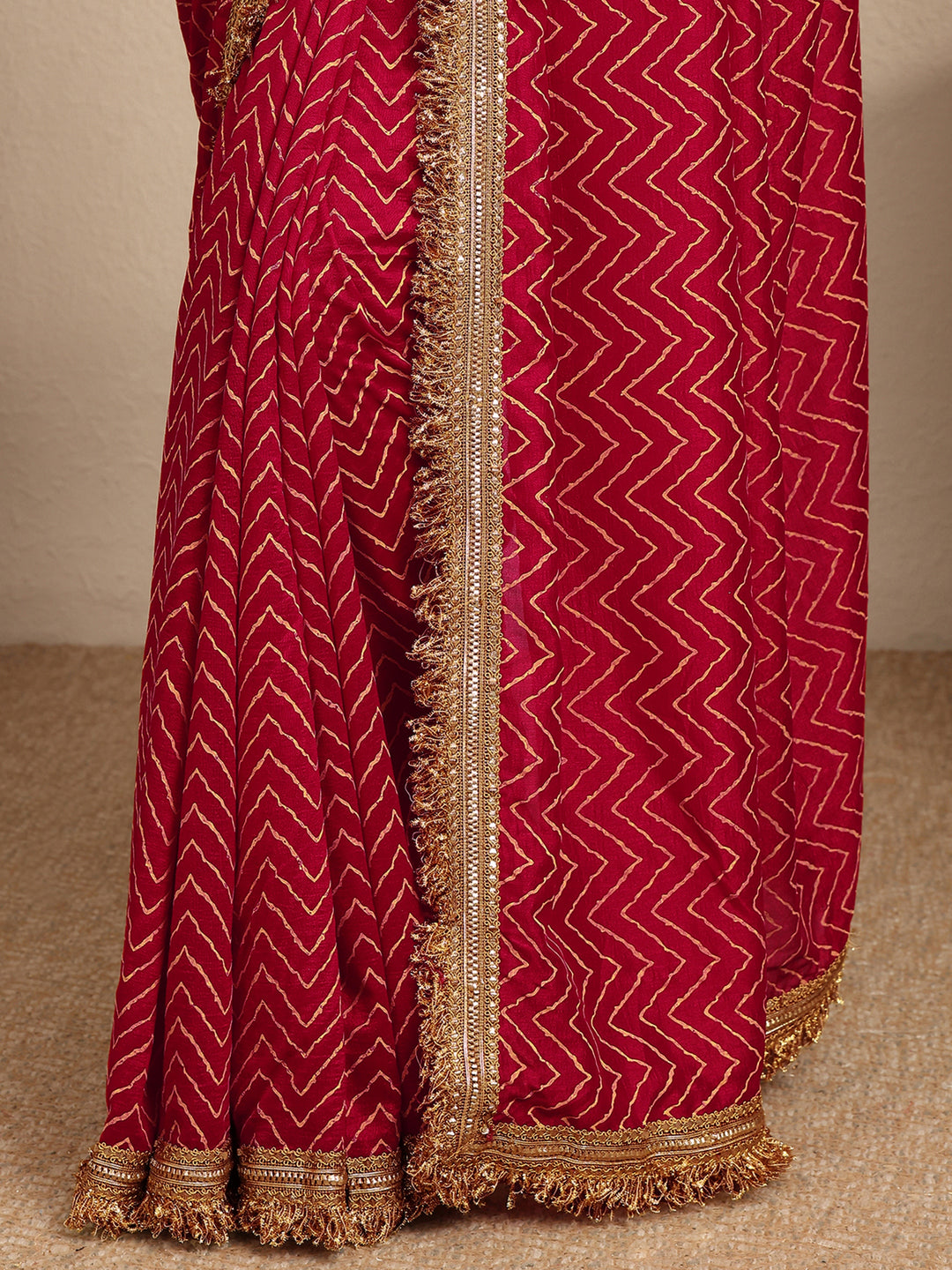  Pink Chevron Printed Silk Blend Saree With Unstitched Blouse Piece 