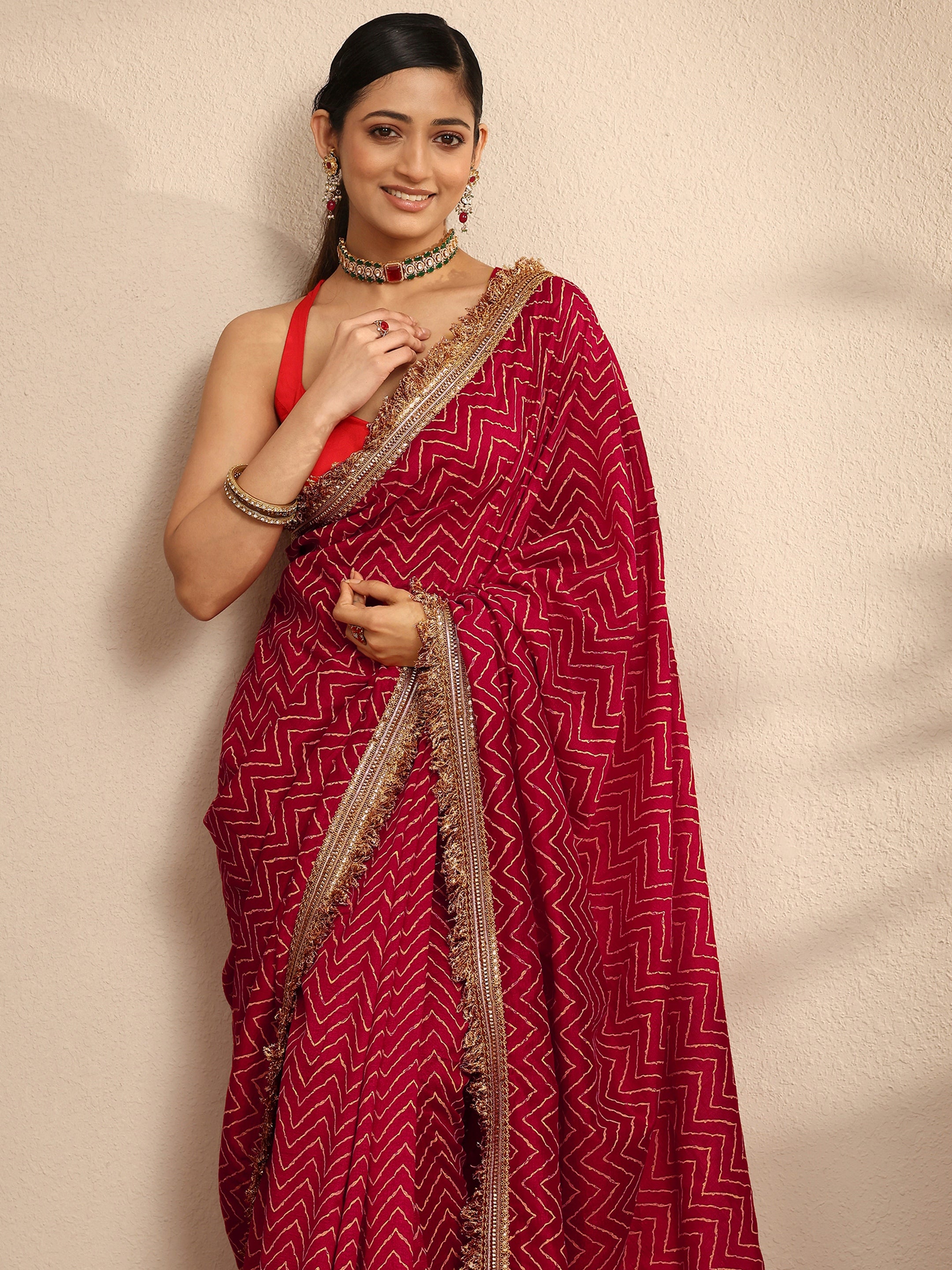 libas Pink Chevron Printed Silk Blend Saree With Unstitched Blouse Piece-picture-50