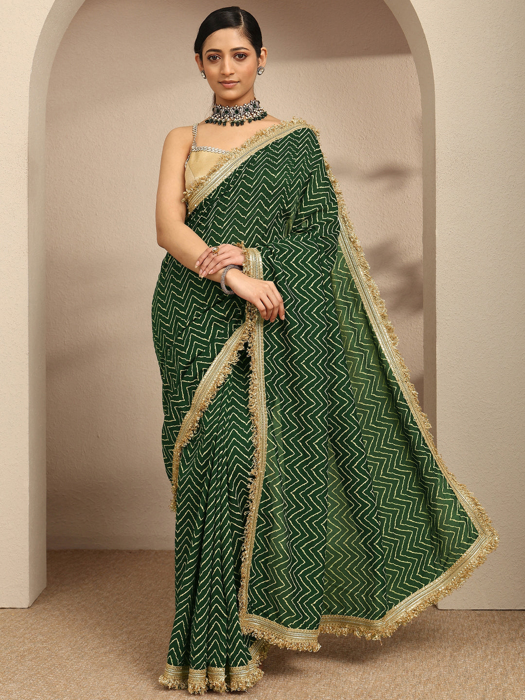  Green Chevron Printed Silk Blend Saree With Unstitched Blouse Piece 