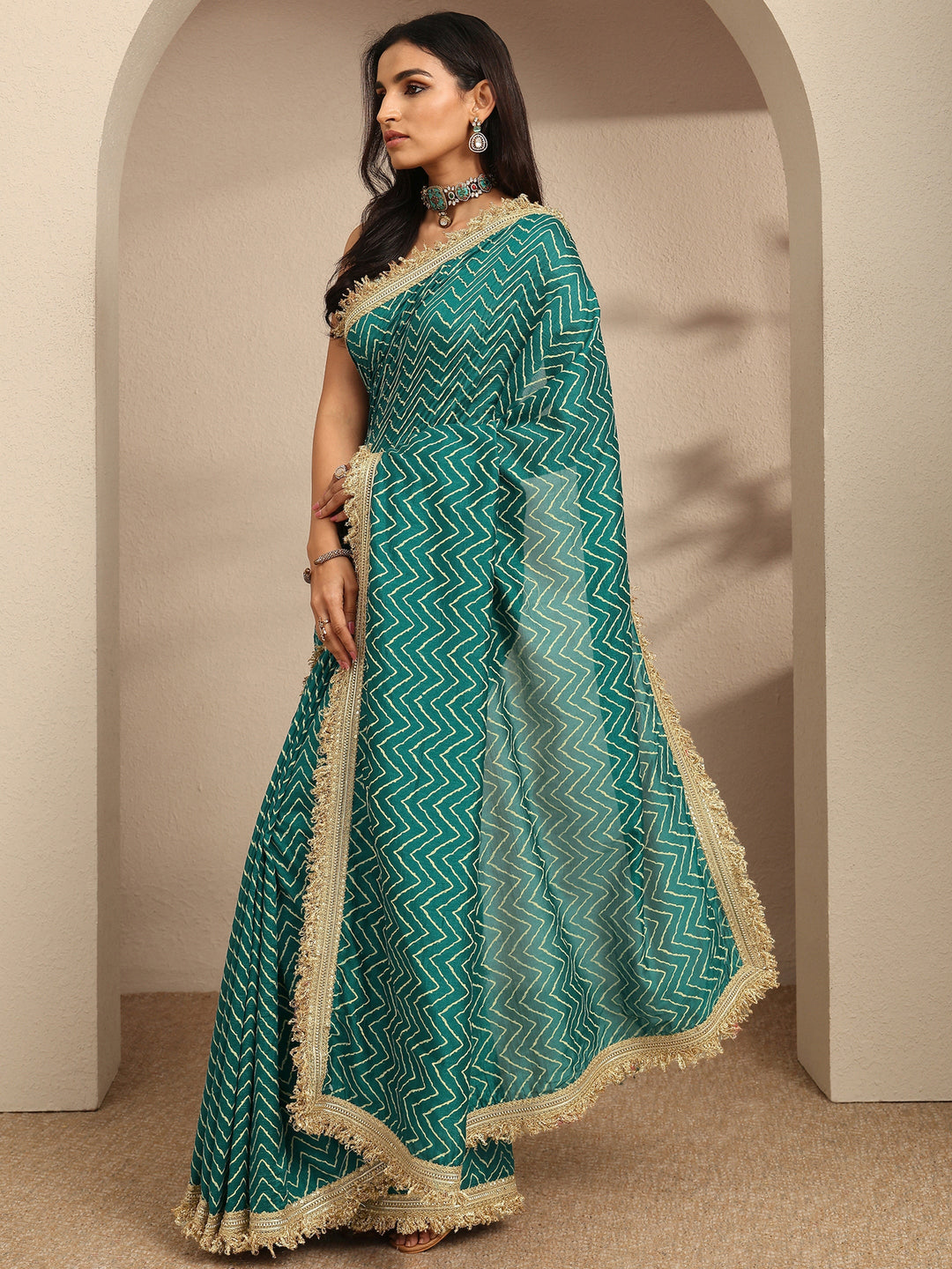  Blue Chevron Printed Silk Blend Saree With Unstitched Blouse Piece 